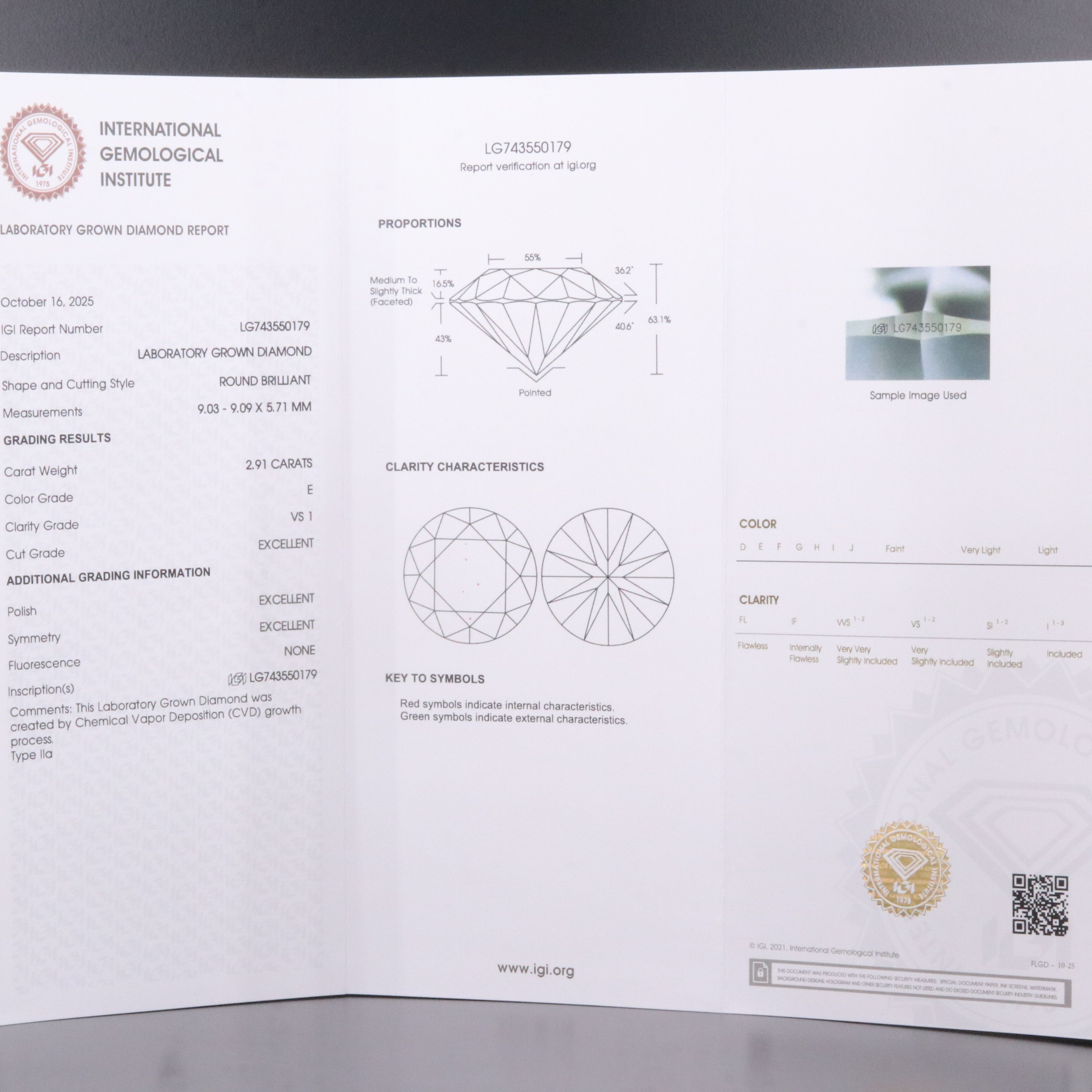 Loose 2.91 CT Lab Grown Diamond with IGI Report