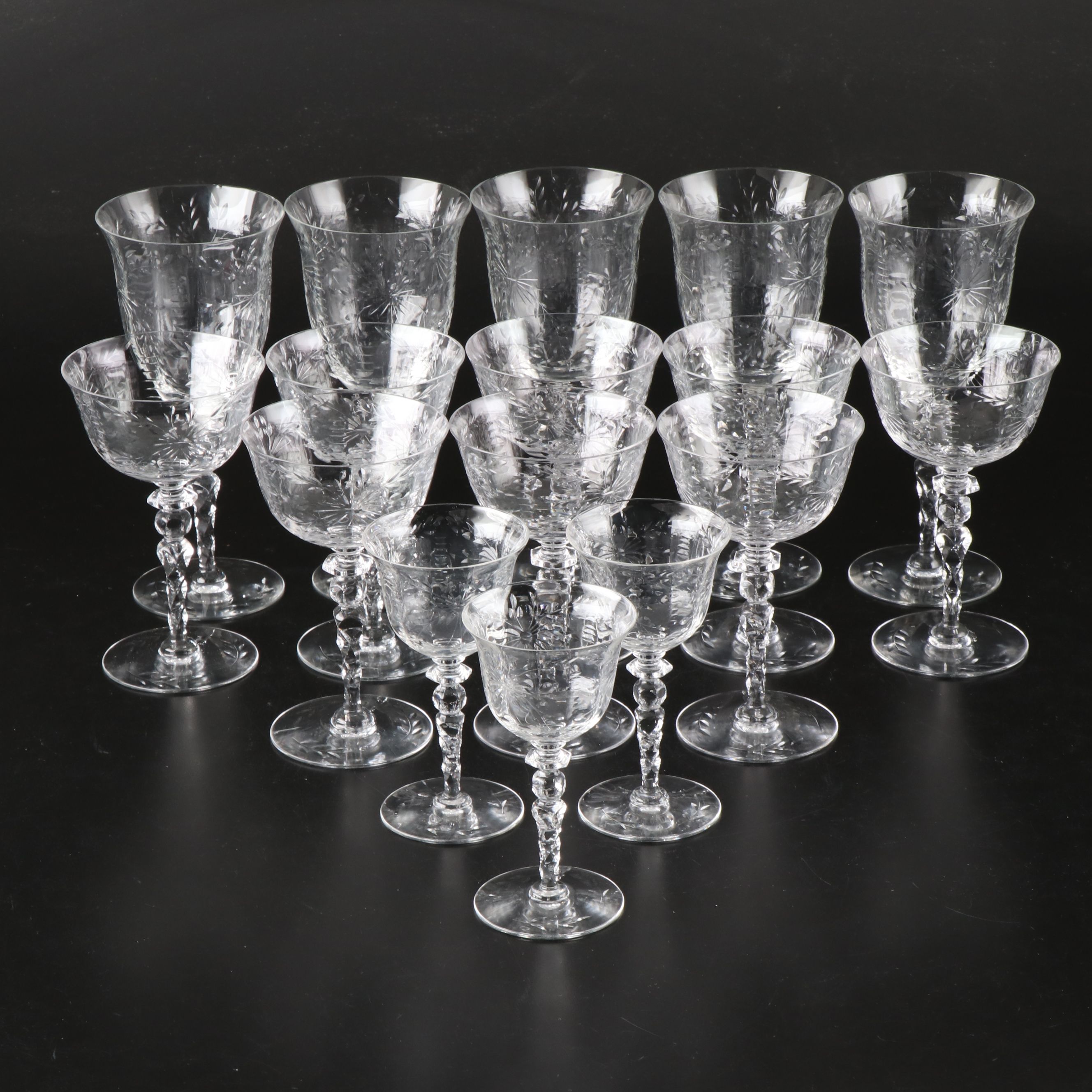 Fostoria "Navarre" Tall Sherbets, Wine Glasses and Water Goblets