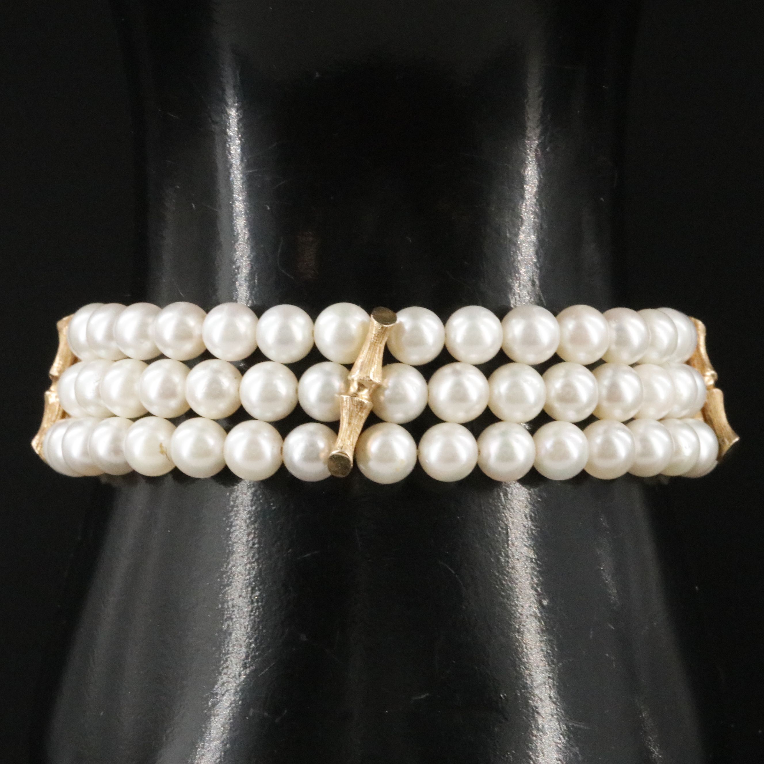 14K Triple Row Pearl Bracelet with Bamboo Clasp and Spacer Bars