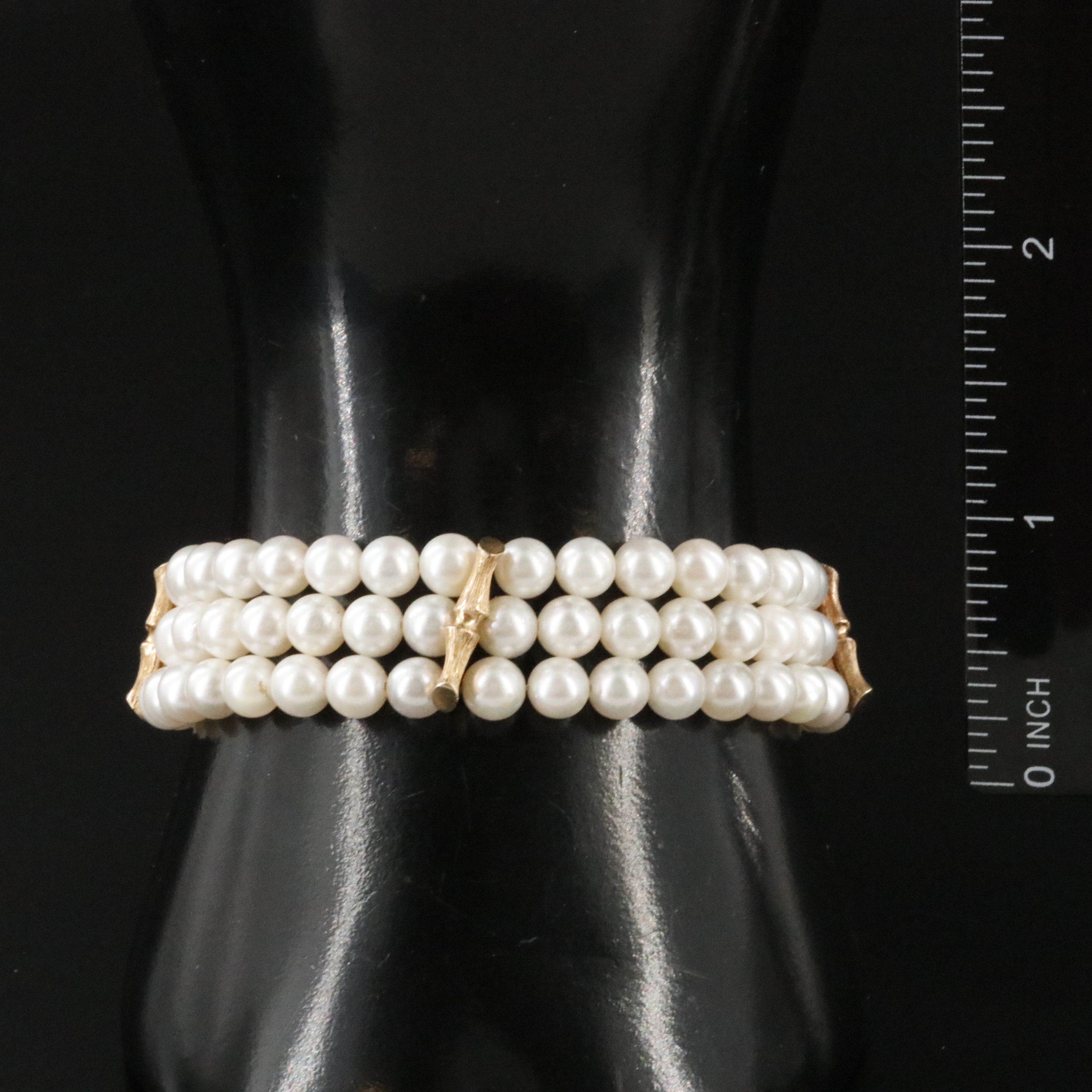 14K Triple Row Pearl Bracelet with Bamboo Clasp and Spacer Bars