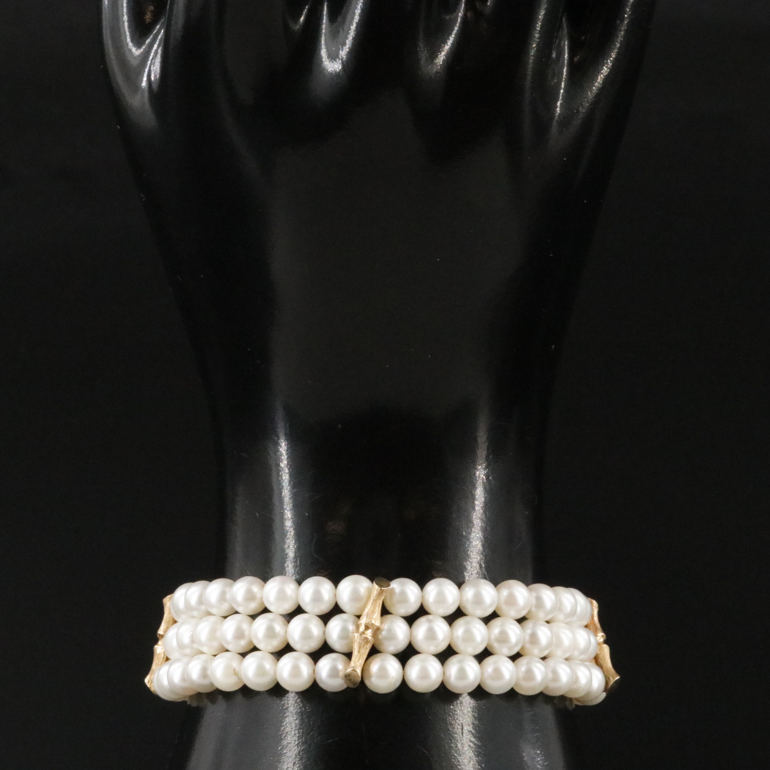 14K Triple Row Pearl Bracelet with Bamboo Clasp and Spacer Bars