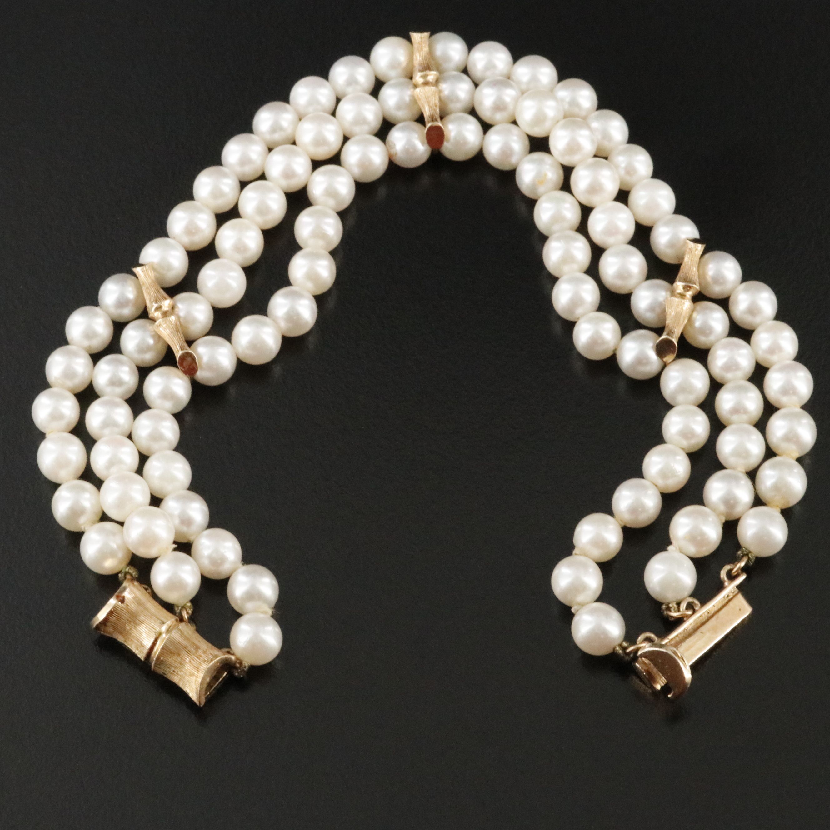 14K Triple Row Pearl Bracelet with Bamboo Clasp and Spacer Bars