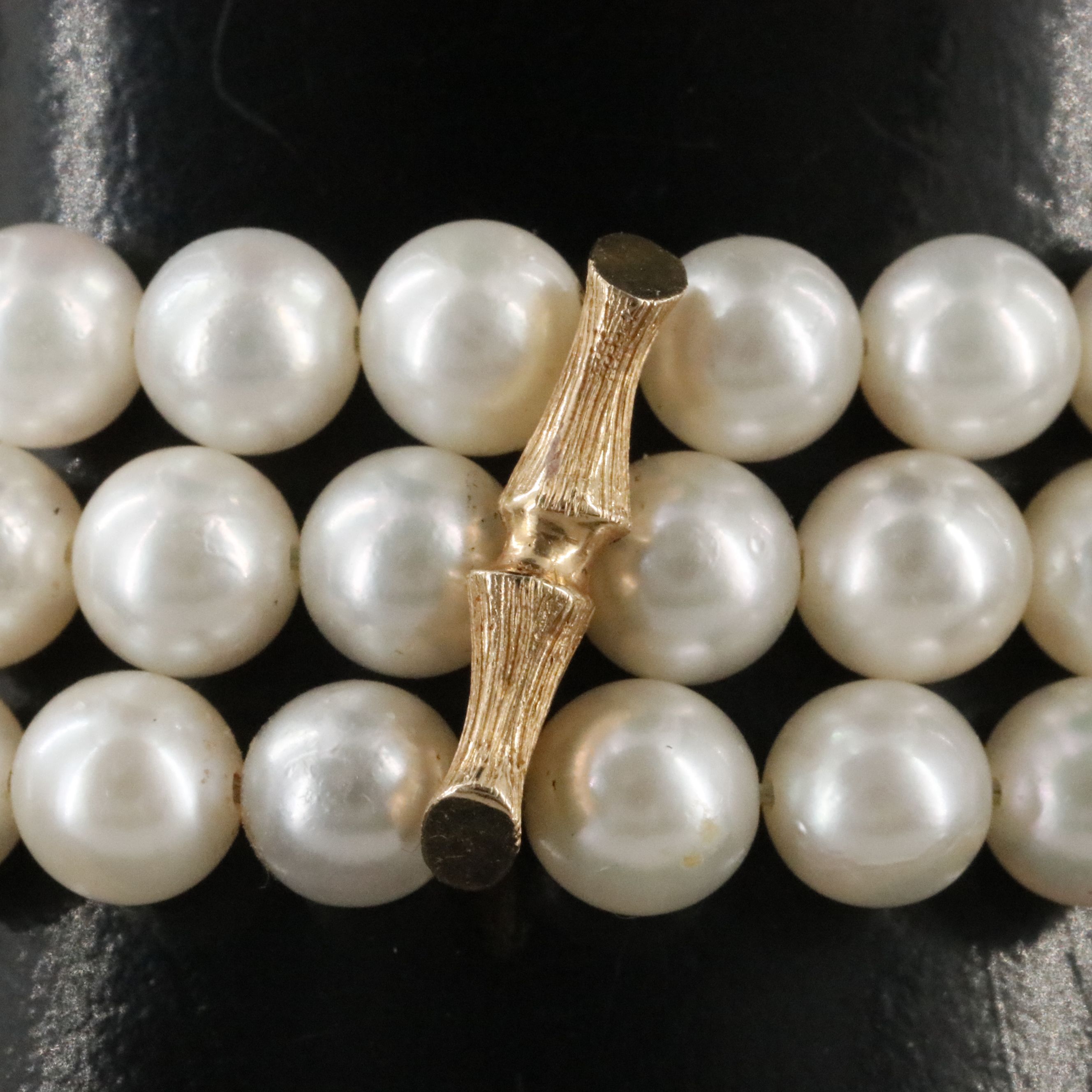 14K Triple Row Pearl Bracelet with Bamboo Clasp and Spacer Bars