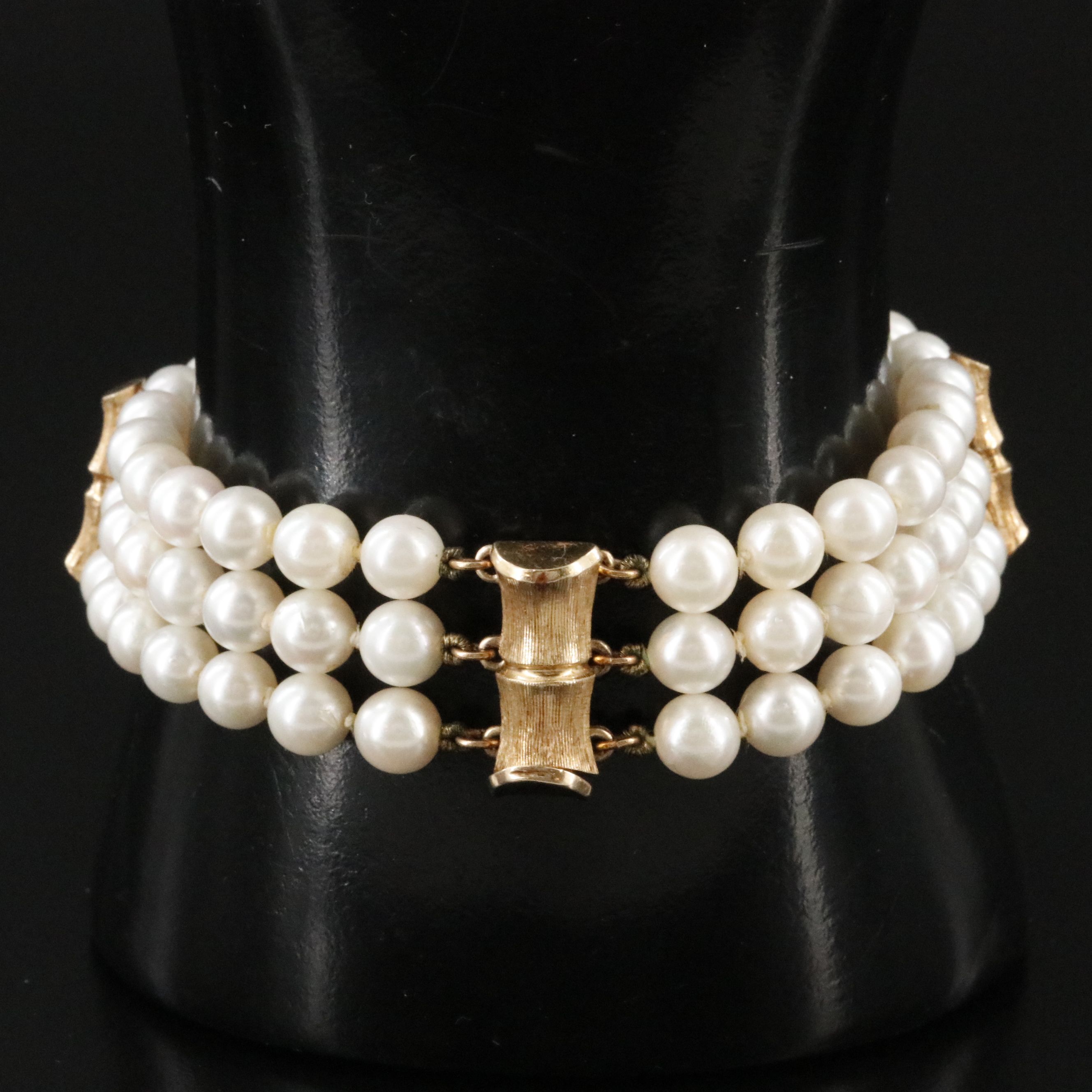 14K Triple Row Pearl Bracelet with Bamboo Clasp and Spacer Bars