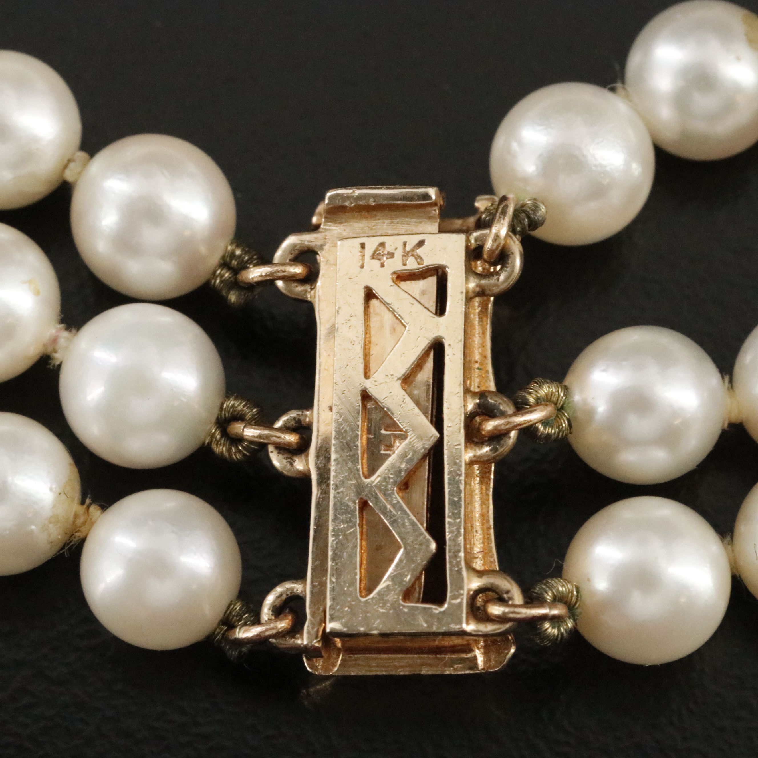 14K Triple Row Pearl Bracelet with Bamboo Clasp and Spacer Bars