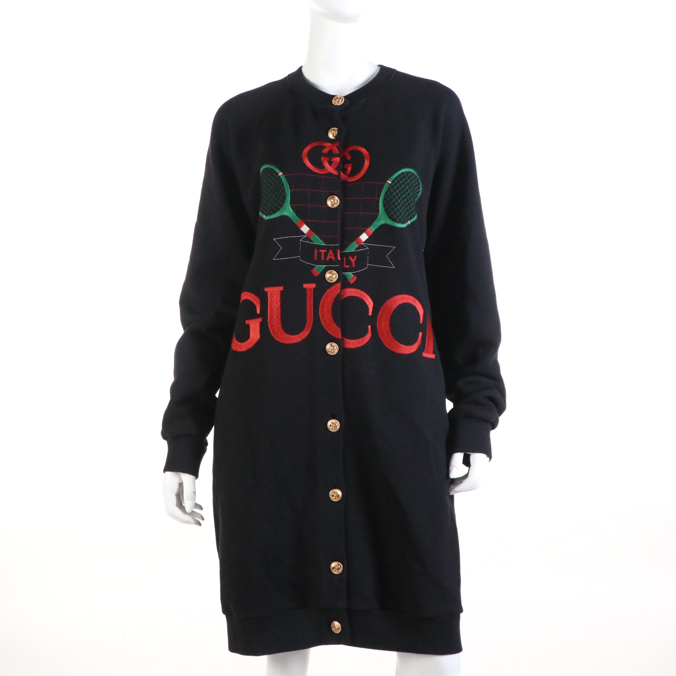 Gucci Reversible Snap-Front Cardigan in Tennis Embroidered Cotton & Floral Silk