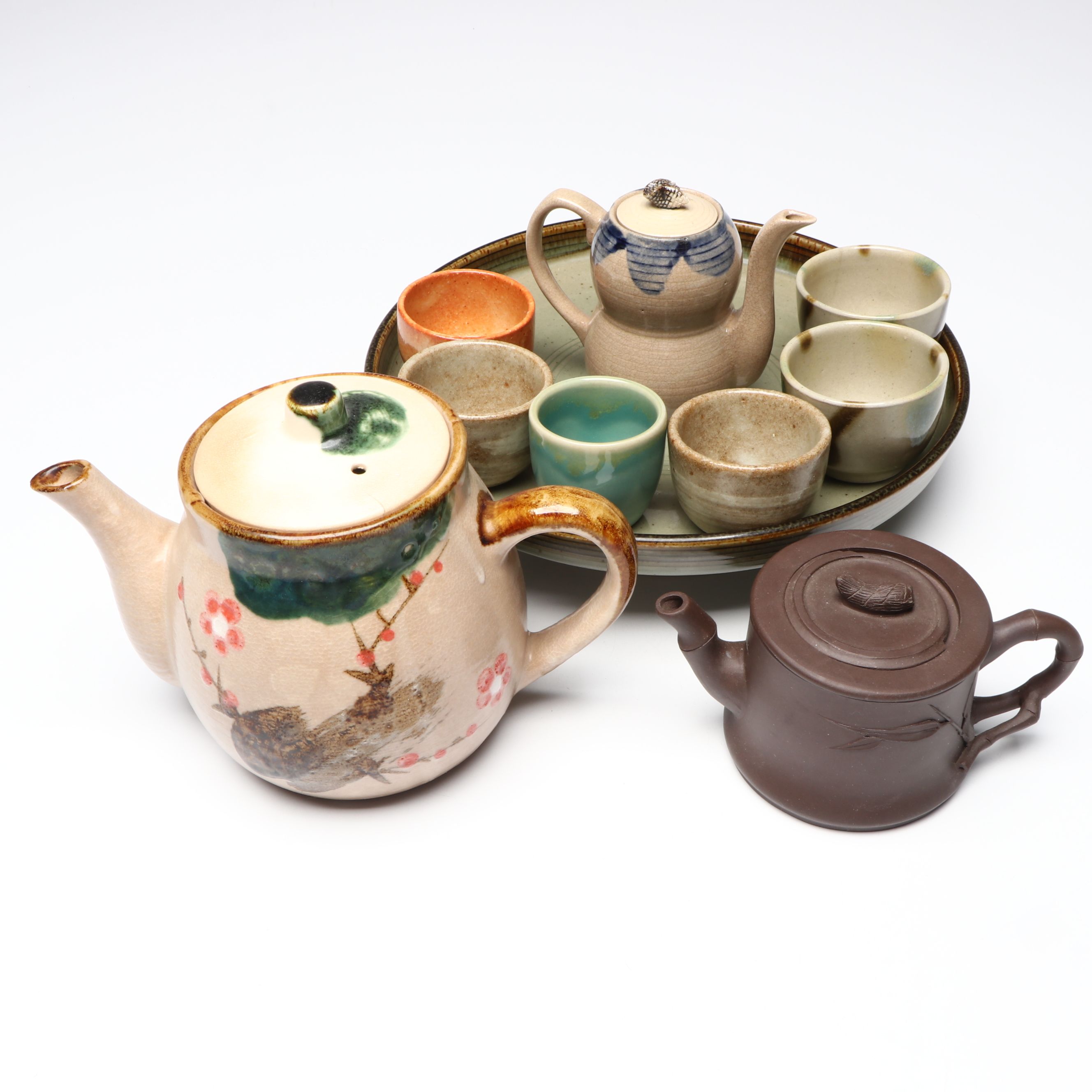 Japanese Oribe Ware Teapot and Other Footed Tray, Tea Pots and Cups