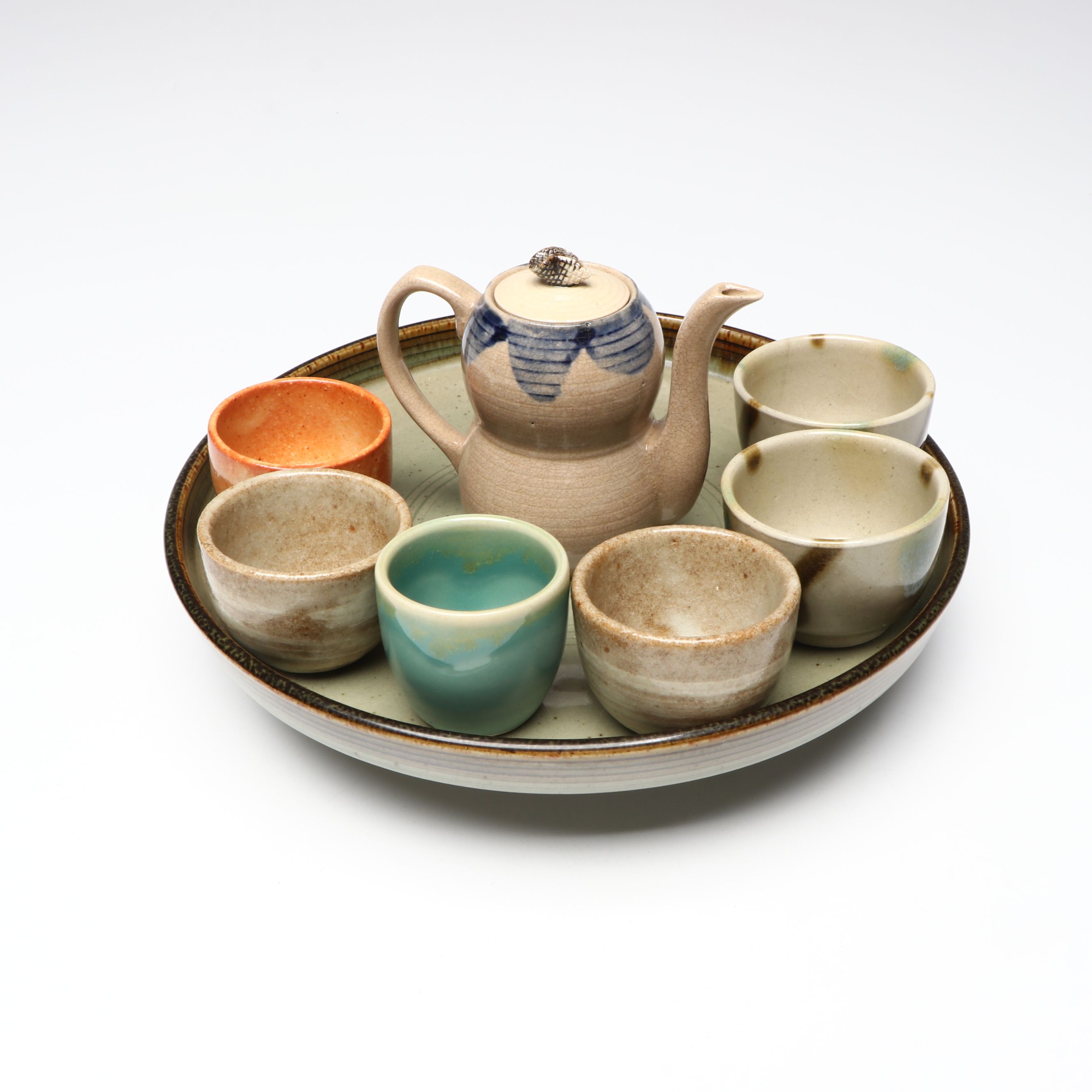 Japanese Oribe Ware Teapot and Other Footed Tray, Tea Pots and Cups