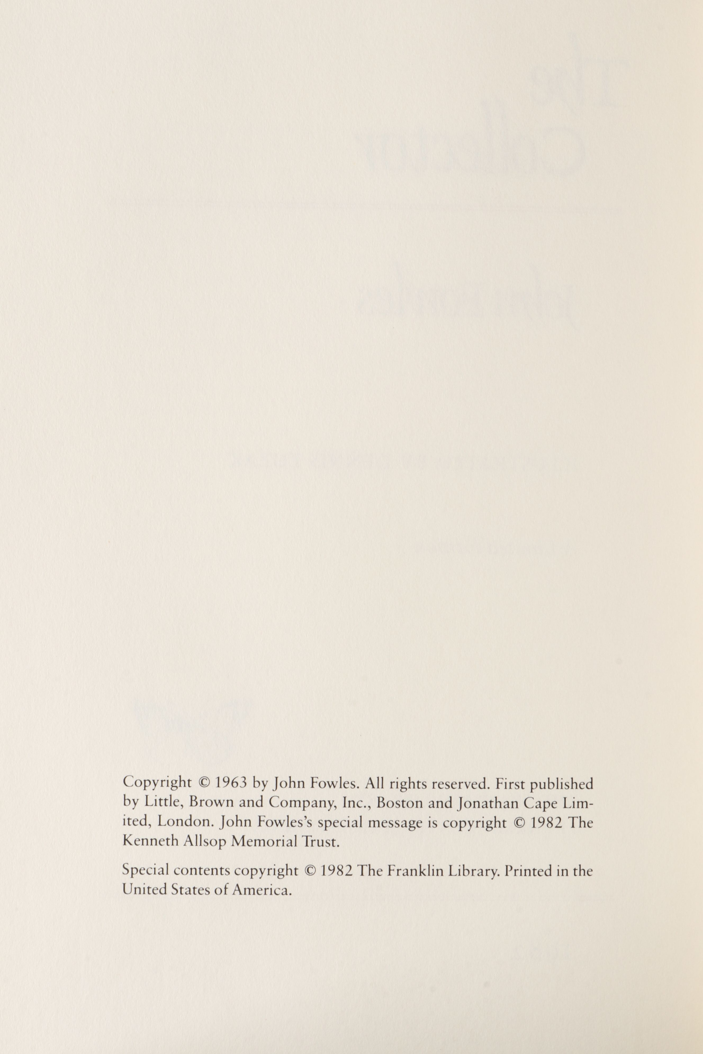 Franklin Library Signed "The Collector" by John Fowles, 1982