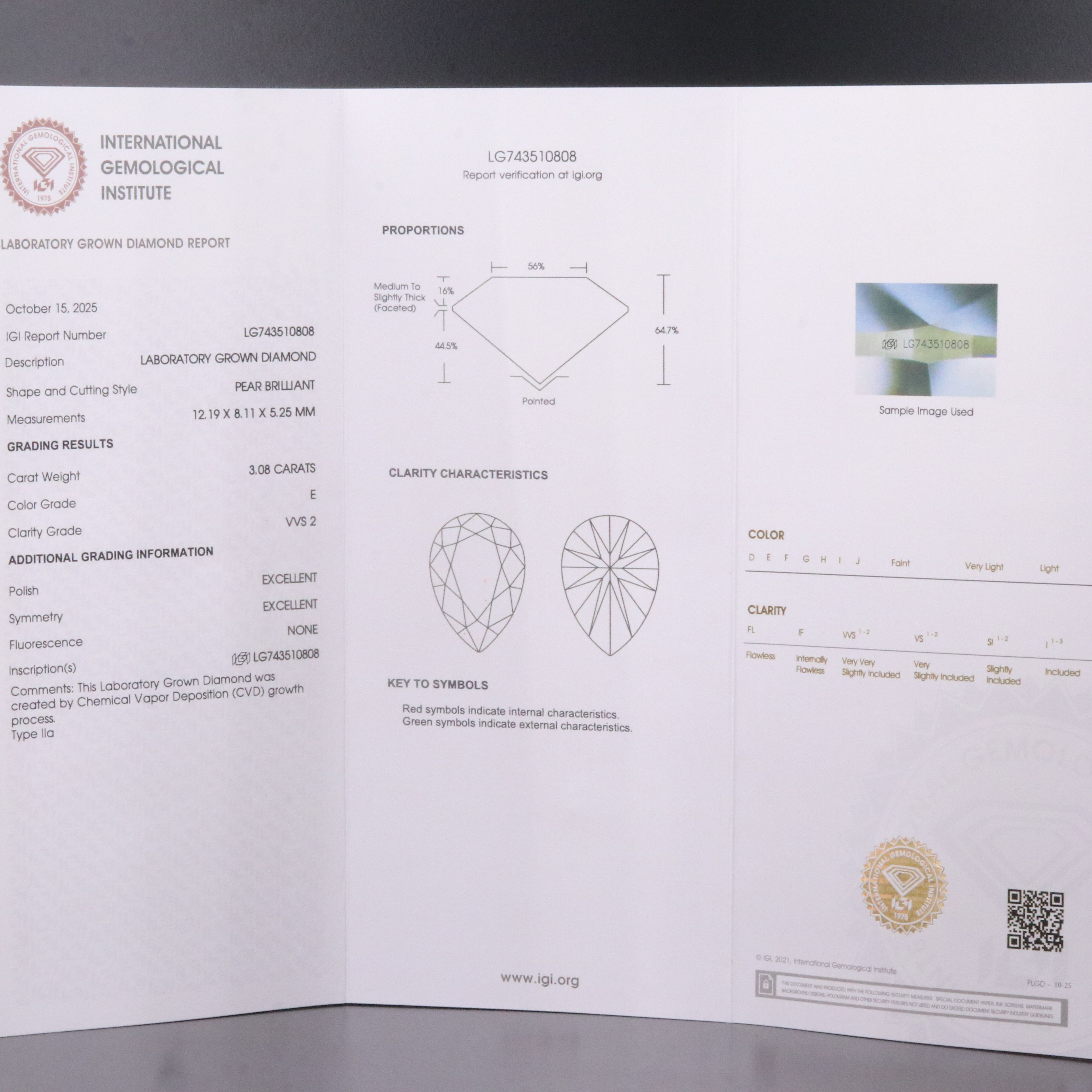 Loose 3.08 CT Lab Grown Diamond with IGI Report