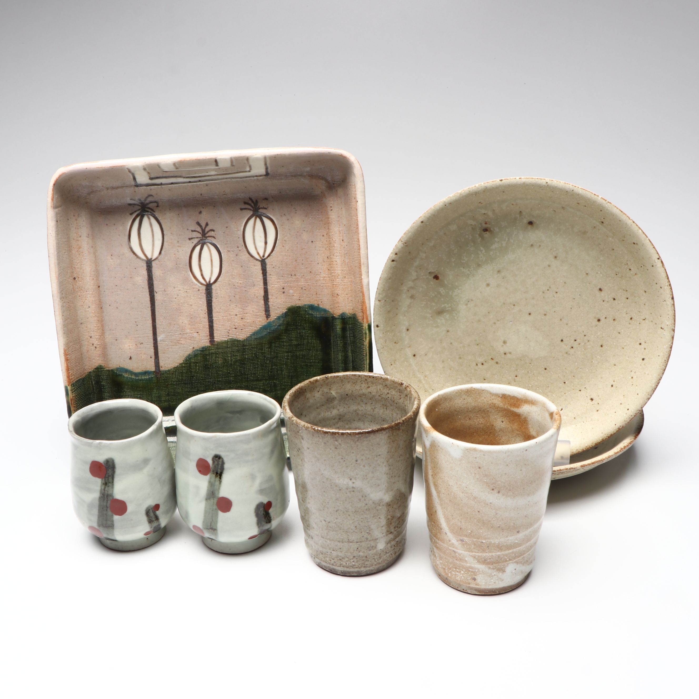 Japanese Oribe Ware Ceramic Square Bowl with Wheel Thrown Plates and Cups