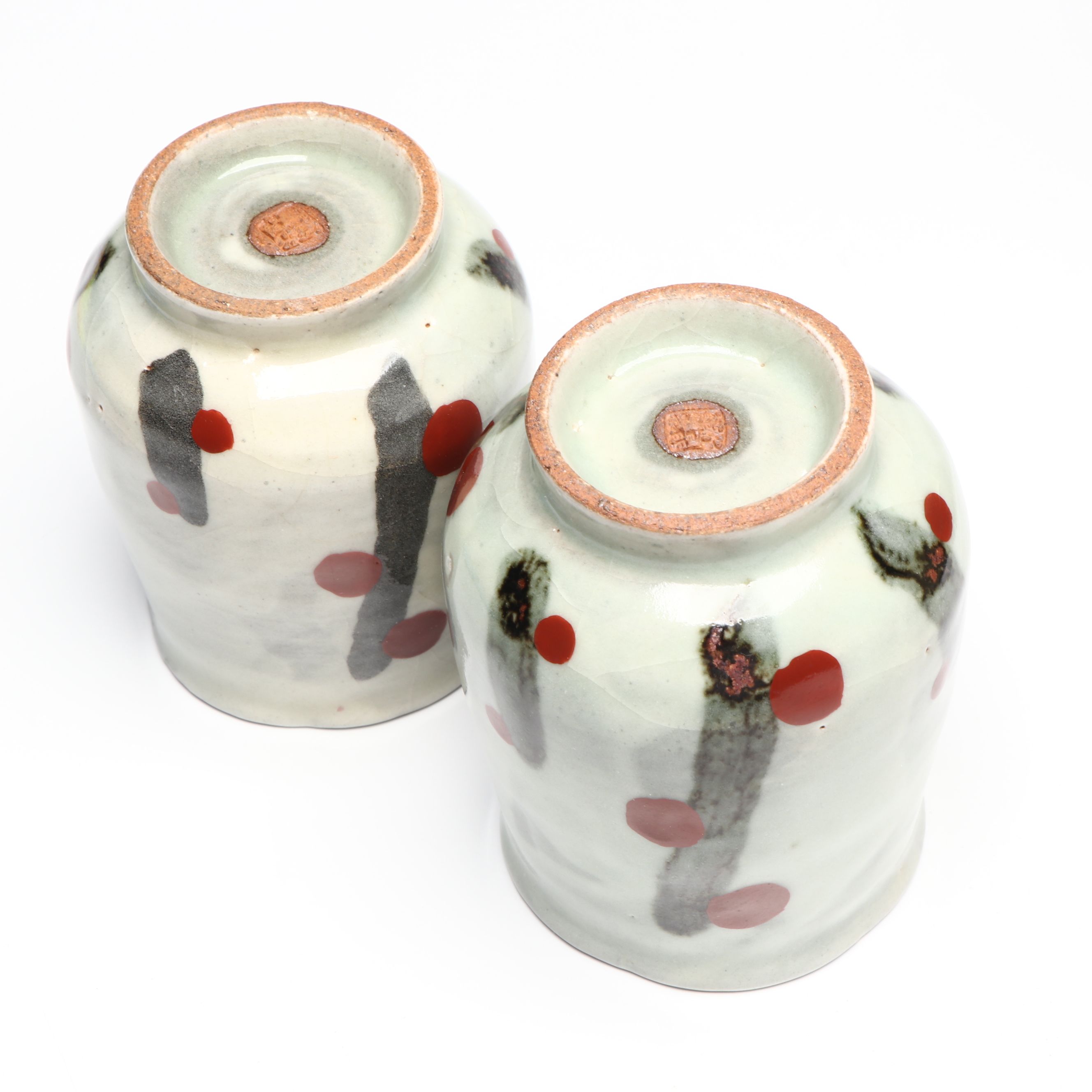 Japanese Oribe Ware Ceramic Square Bowl with Wheel Thrown Plates and Cups