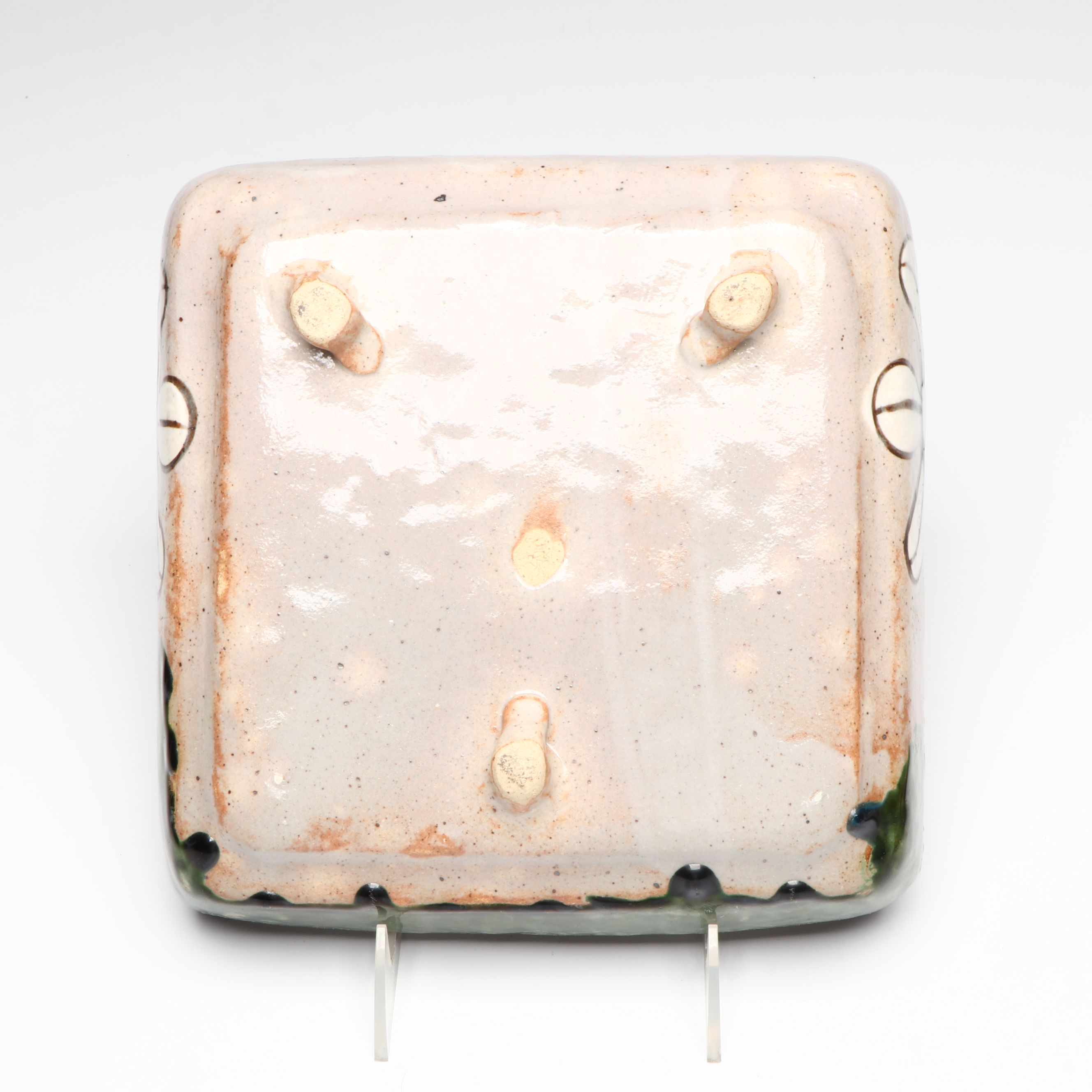 Japanese Oribe Ware Ceramic Square Bowl with Wheel Thrown Plates and Cups