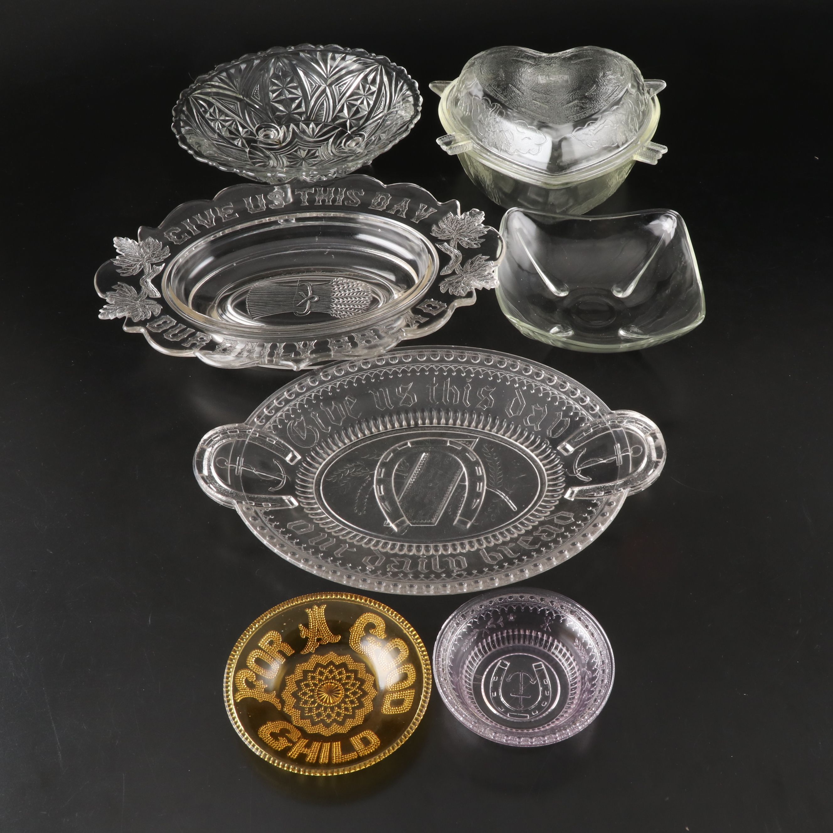 McKee Safe-Bake Cupid Casserole with Other Pressed Glass Serveware and Dishes