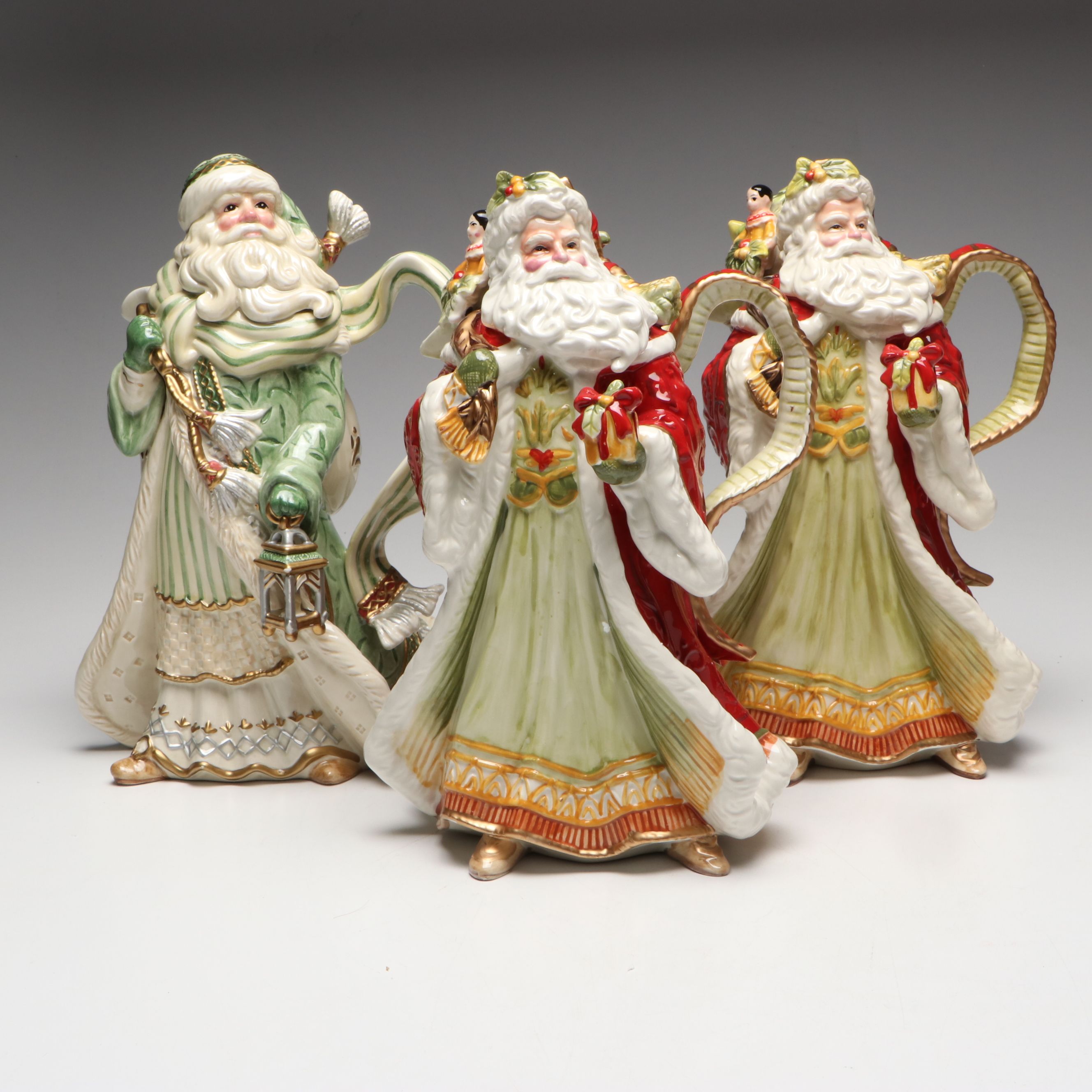 Fitz & Floyd "Damask Holiday" and "Gregorian" Santa Pitchers with Tidbit Server