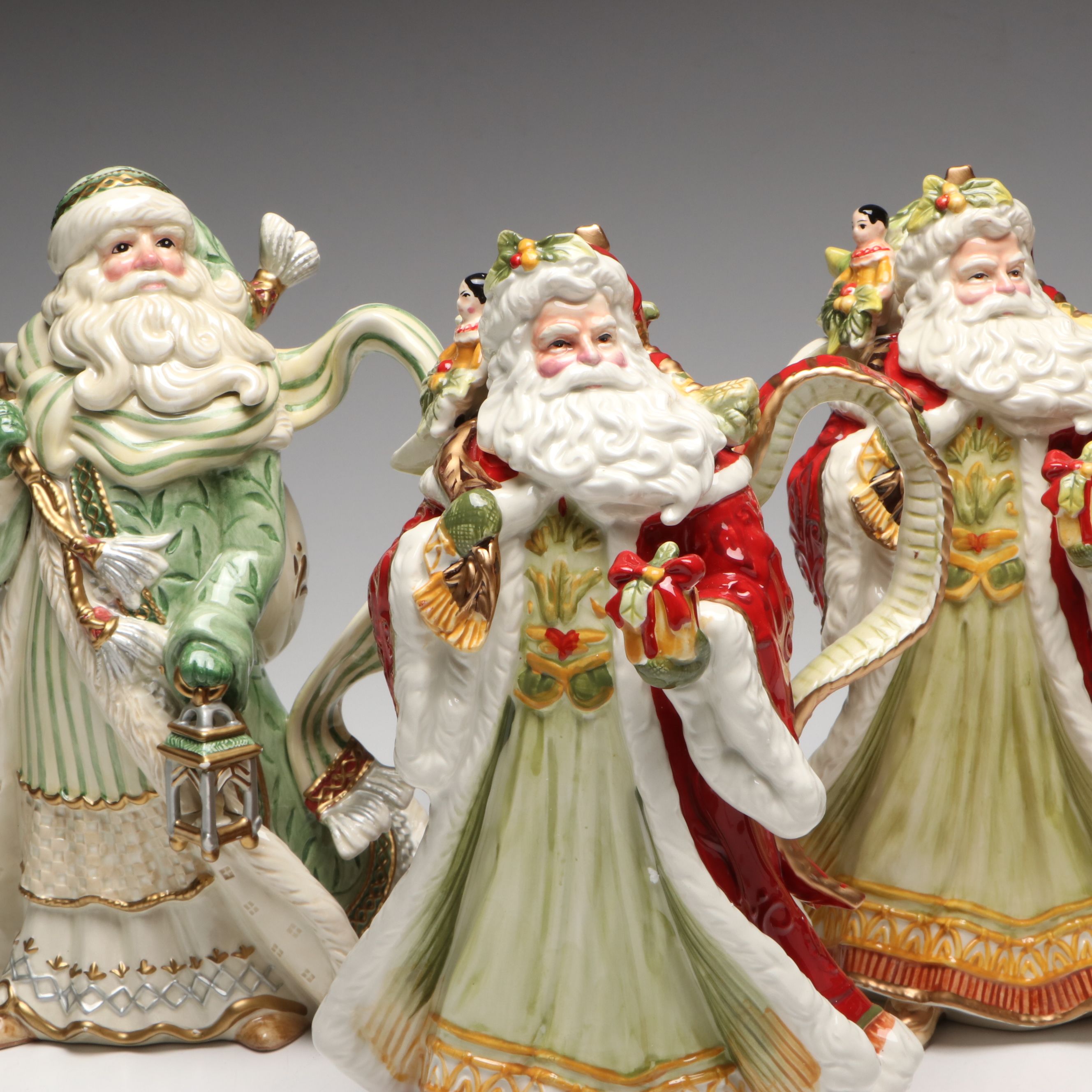 Fitz & Floyd "Damask Holiday" and "Gregorian" Santa Pitchers with Tidbit Server