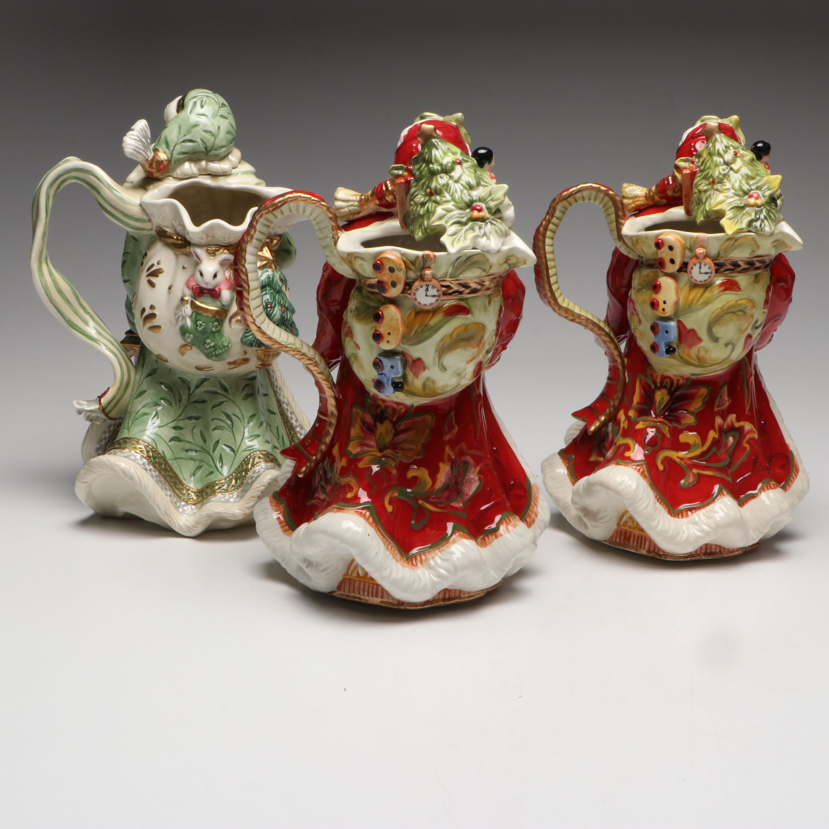 Fitz & Floyd "Damask Holiday" and "Gregorian" Santa Pitchers with Tidbit Server