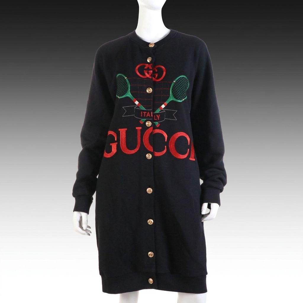 Gucci Reversible Snap-Front Cardigan in Tennis Embroidered Cotton & Floral Silk