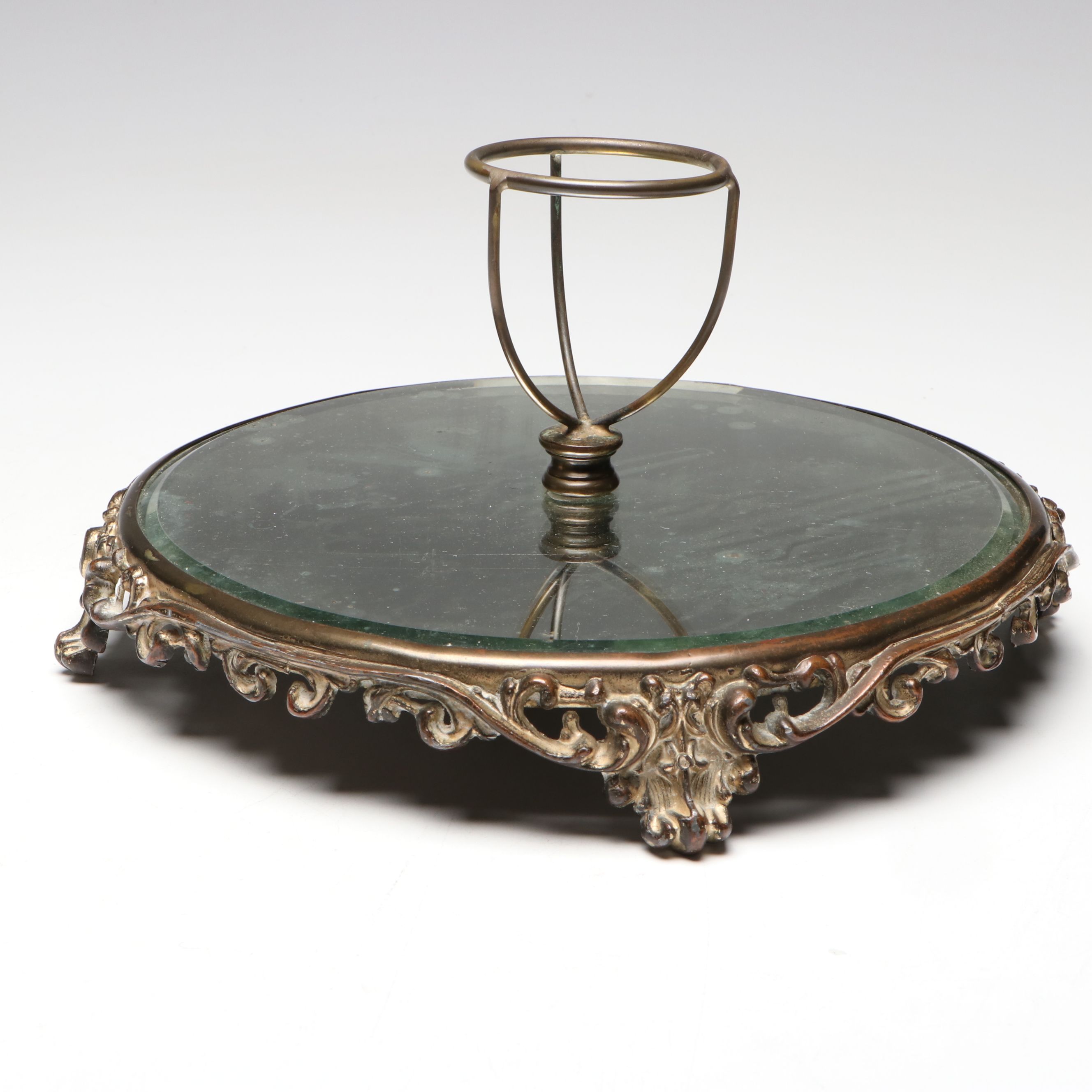 Rounded Filigree Mirror Tray with Fairy Lamp, Early to Mid-20th Century