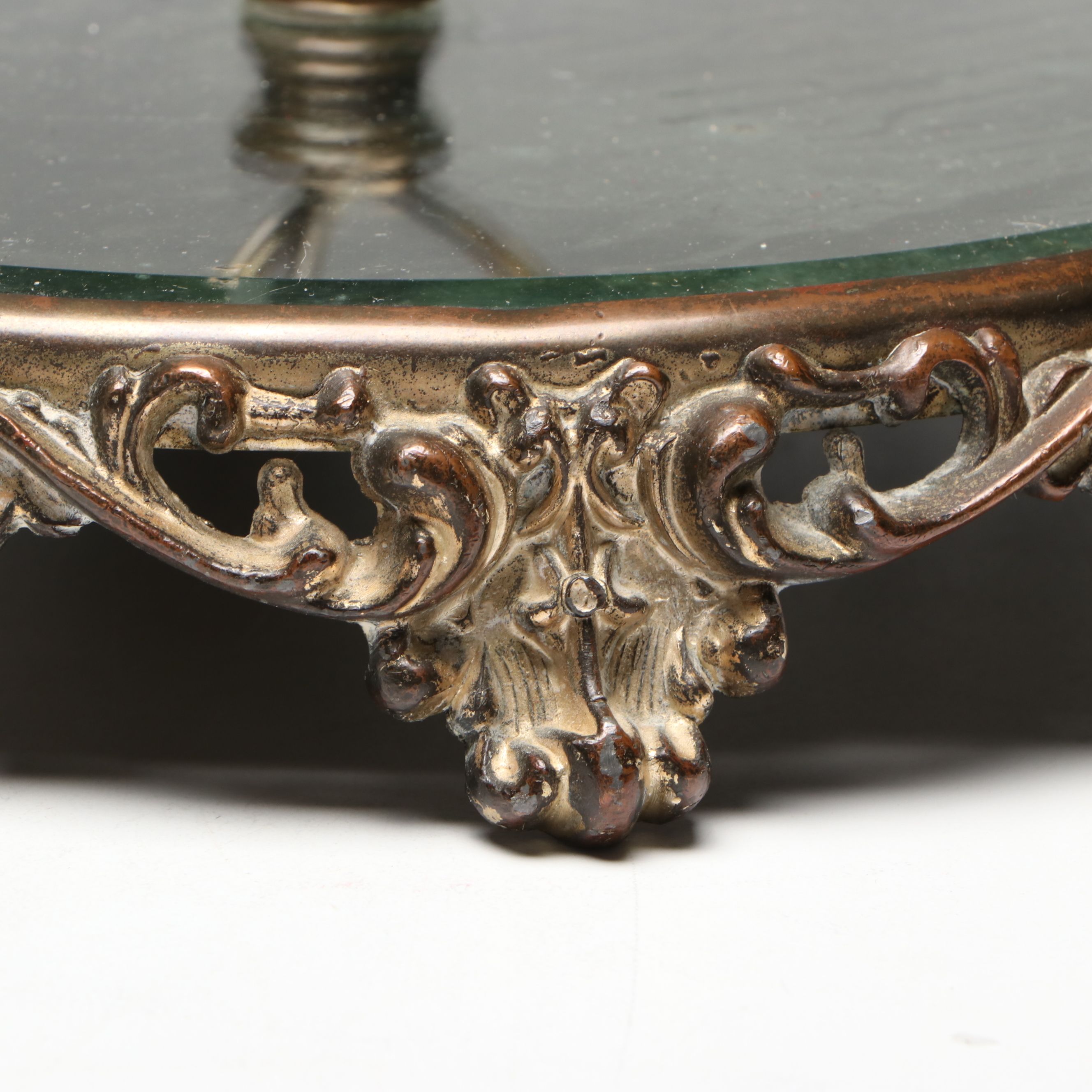 Rounded Filigree Mirror Tray with Fairy Lamp, Early to Mid-20th Century