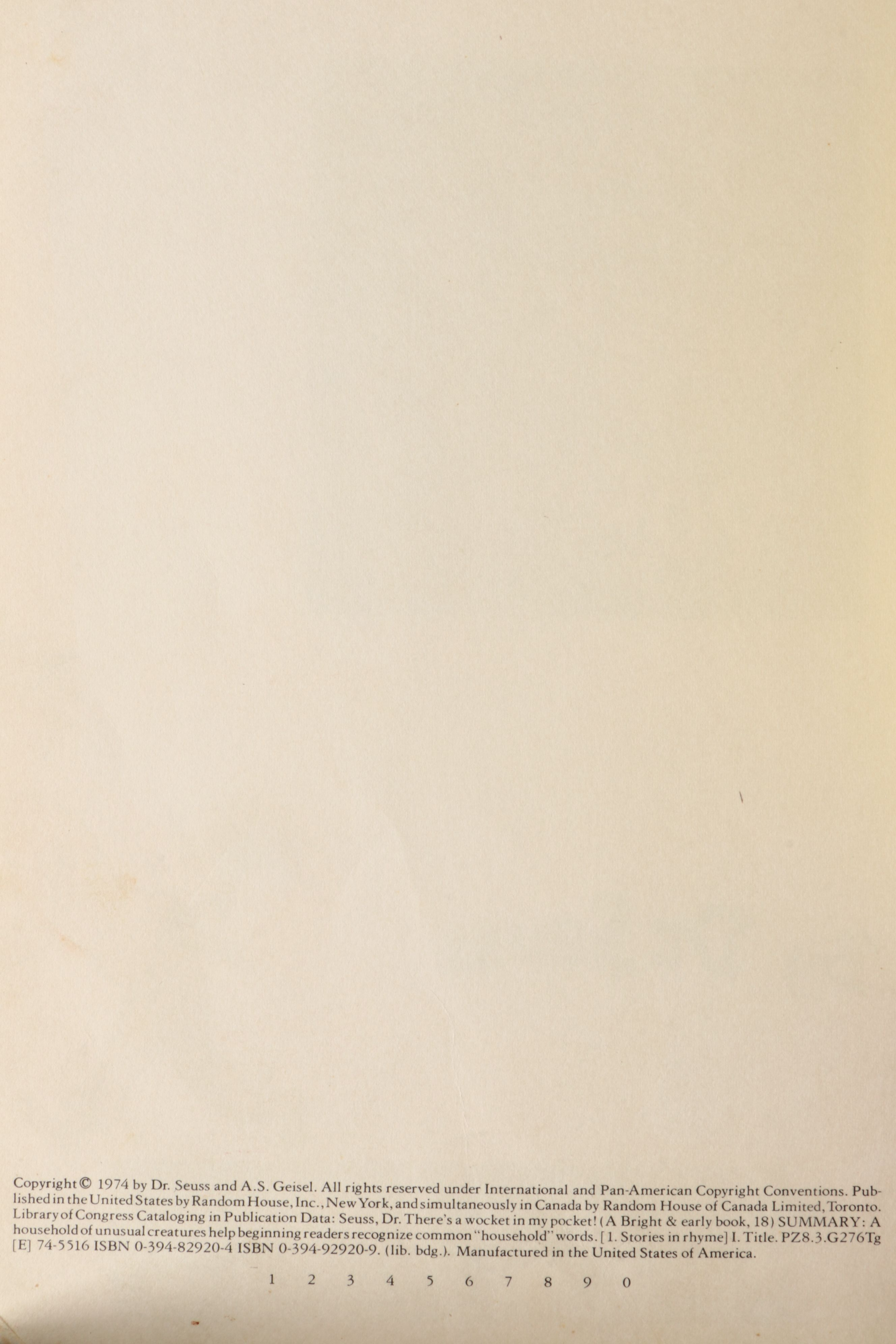 First Printing "There's a Wocket in My Pocket!" by Dr. Seuss, 1974