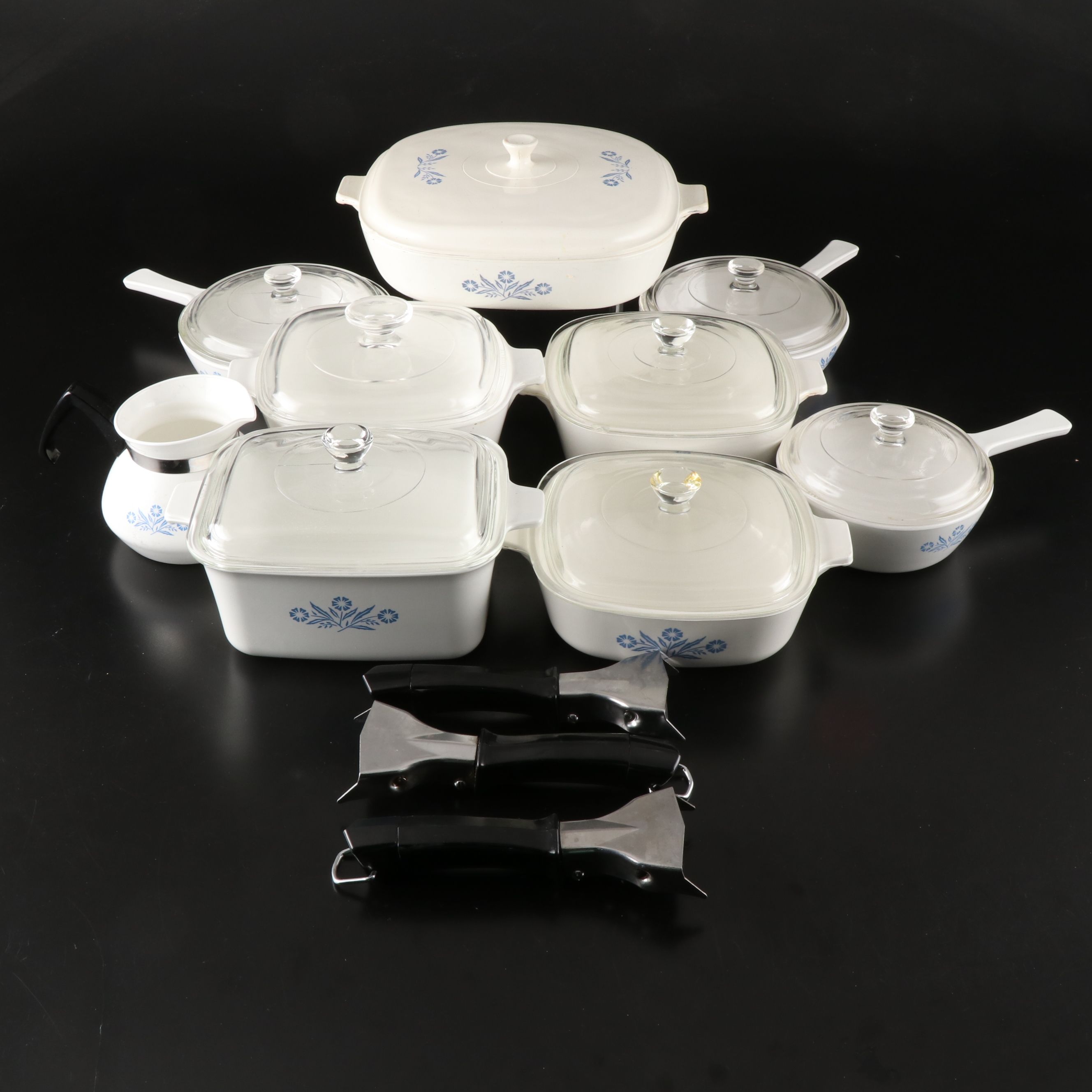 Corning Ware "Blue Cornflower" Pyroceram Casseroles and Detachable Pot Handles