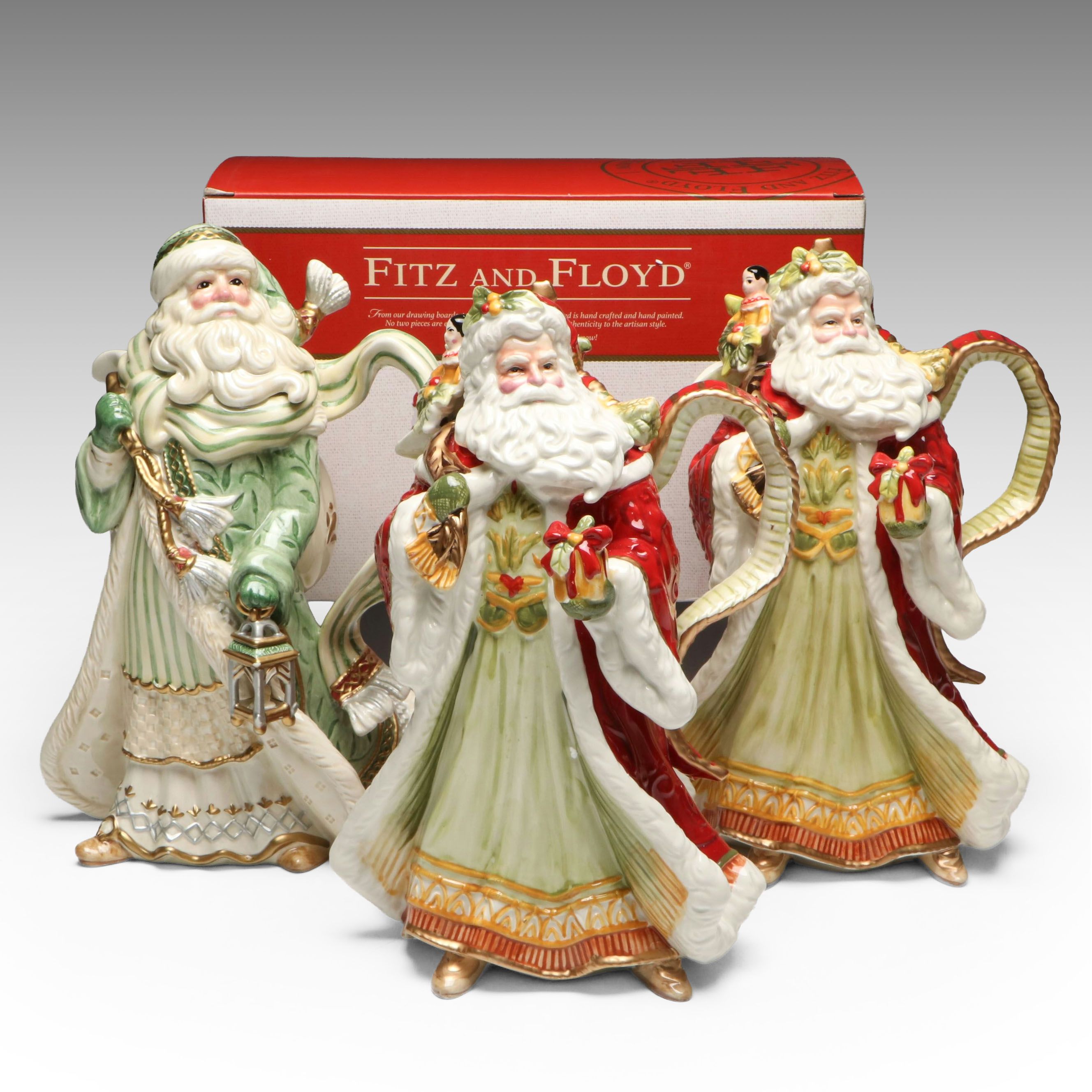 Fitz & Floyd "Damask Holiday" and "Gregorian" Santa Pitchers with Tidbit Server