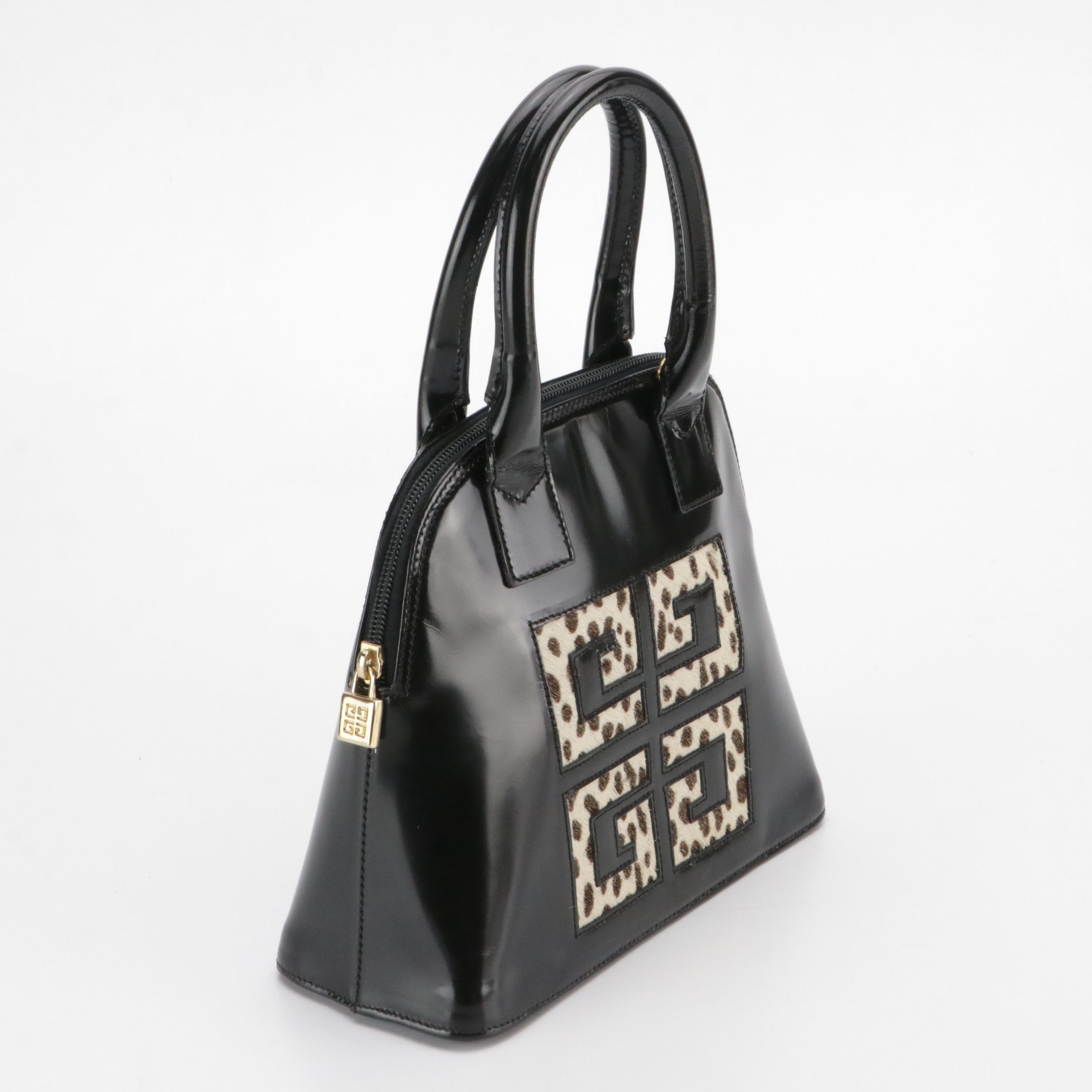 Givenchy Black Glazed Leather and Logo Cut-Out Dyed Calf Hair Top Handle Bag