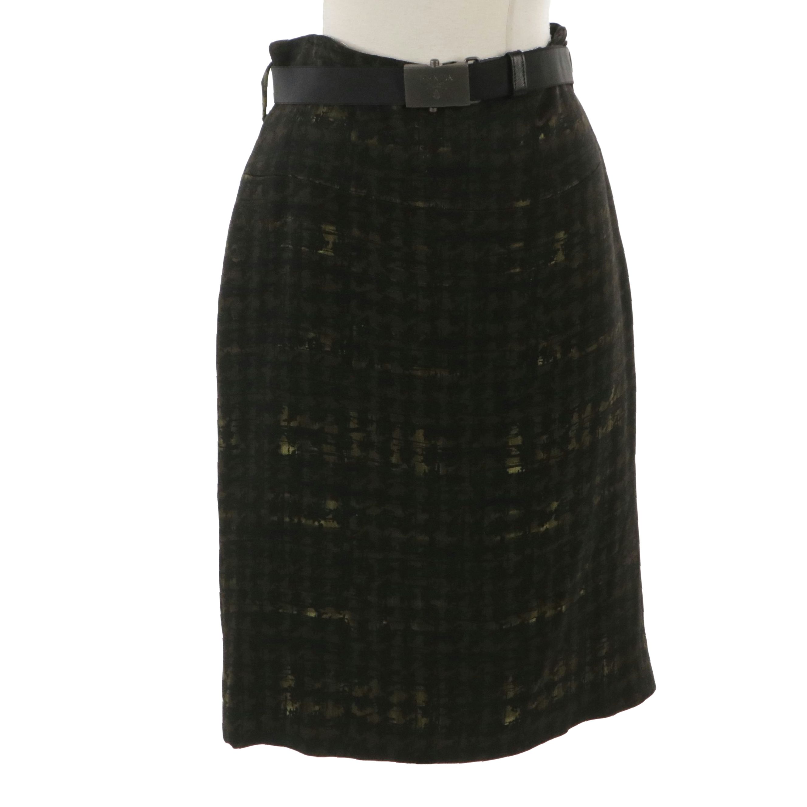 Prada Belted Skirt in Olive Green and Black Print