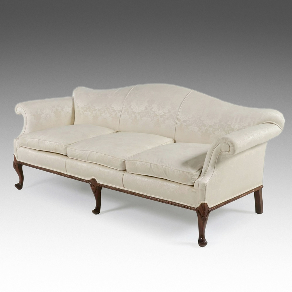 Chippendale Style Camelback Sofa with Damask Upholstery, Late 20th Century