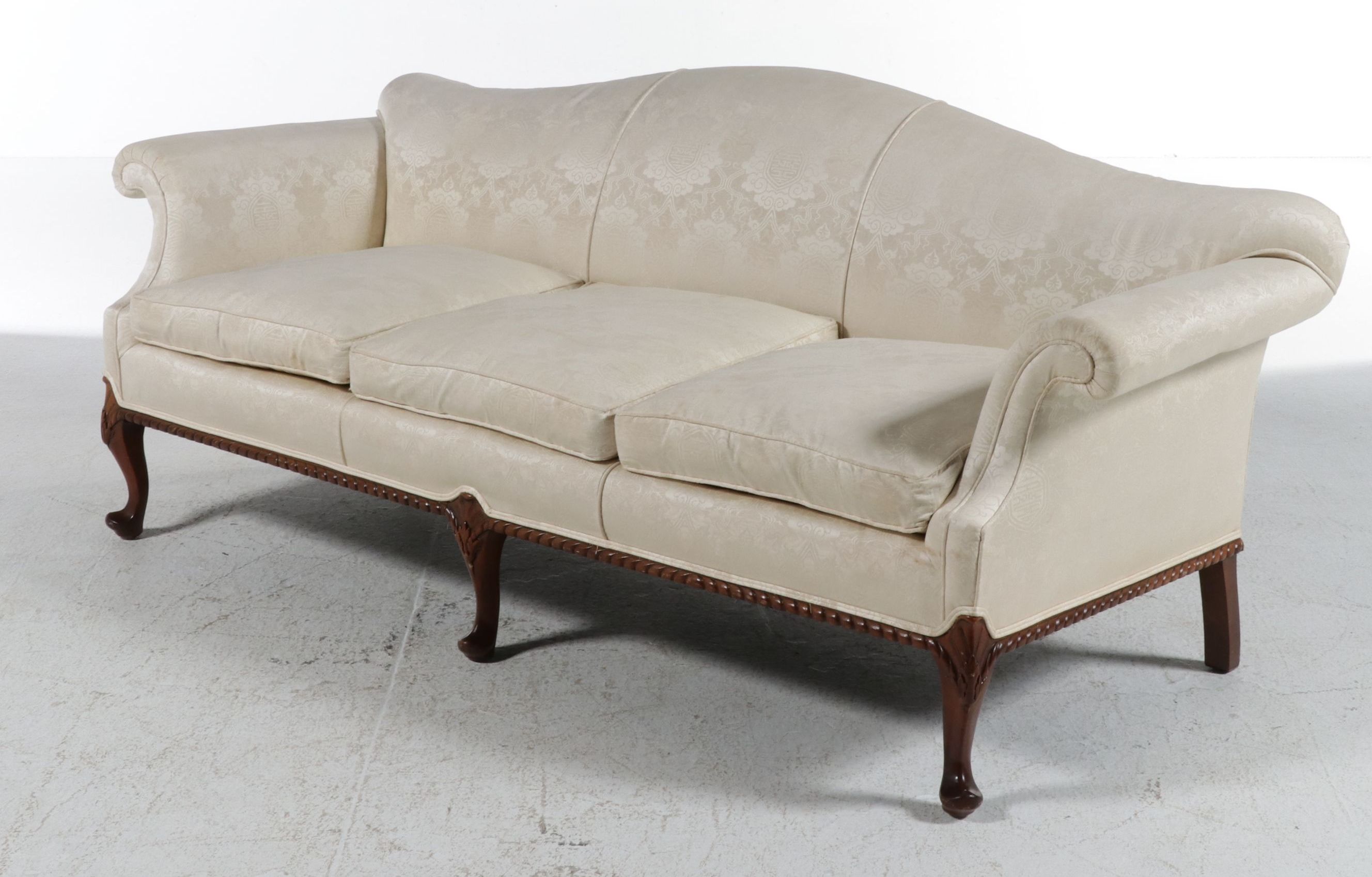 Chippendale Style Camelback Sofa with Damask Upholstery, Late 20th Century