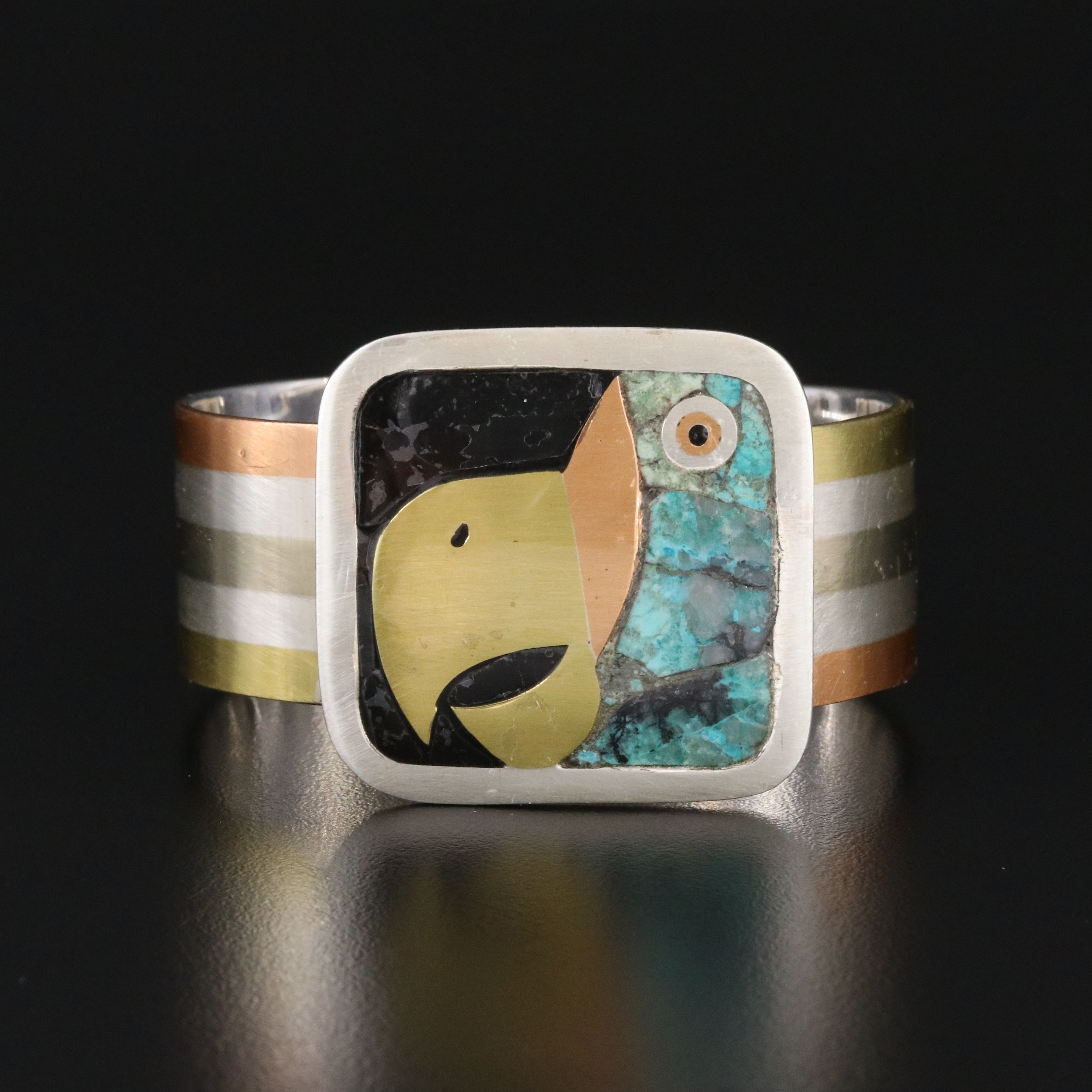 Mexican Sterling, Brass and Copper Stone Inlay Parrot Bracelet
