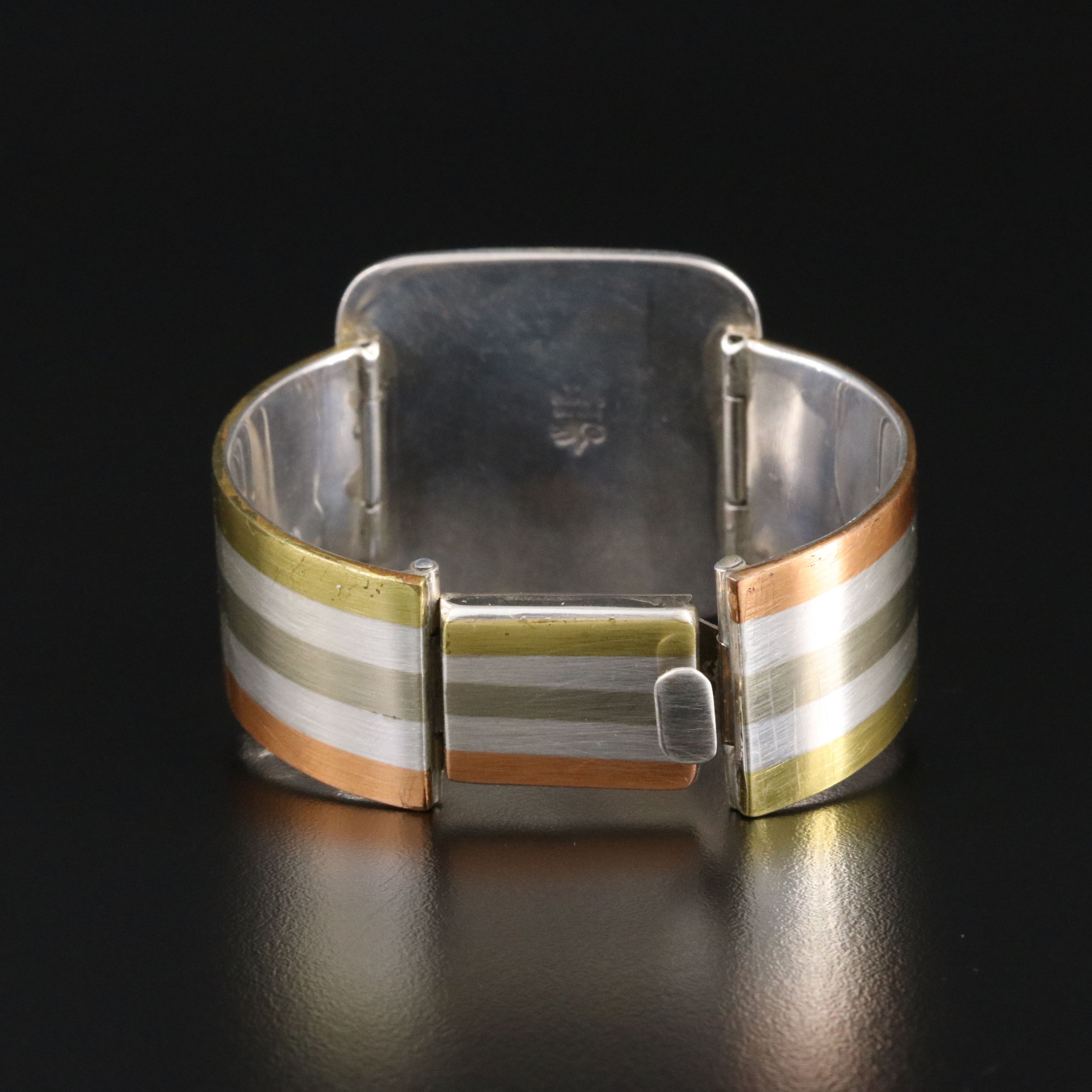 Mexican Sterling, Brass and Copper Stone Inlay Parrot Bracelet