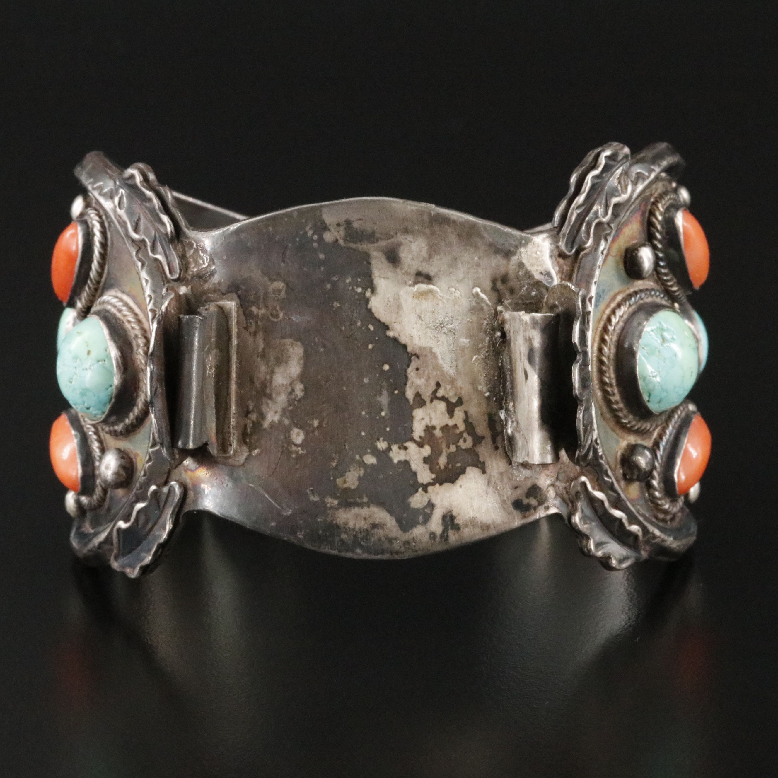 Vintage Signed Southwestern Sterling Turquoise and Coral Watch Cuff Bracelet