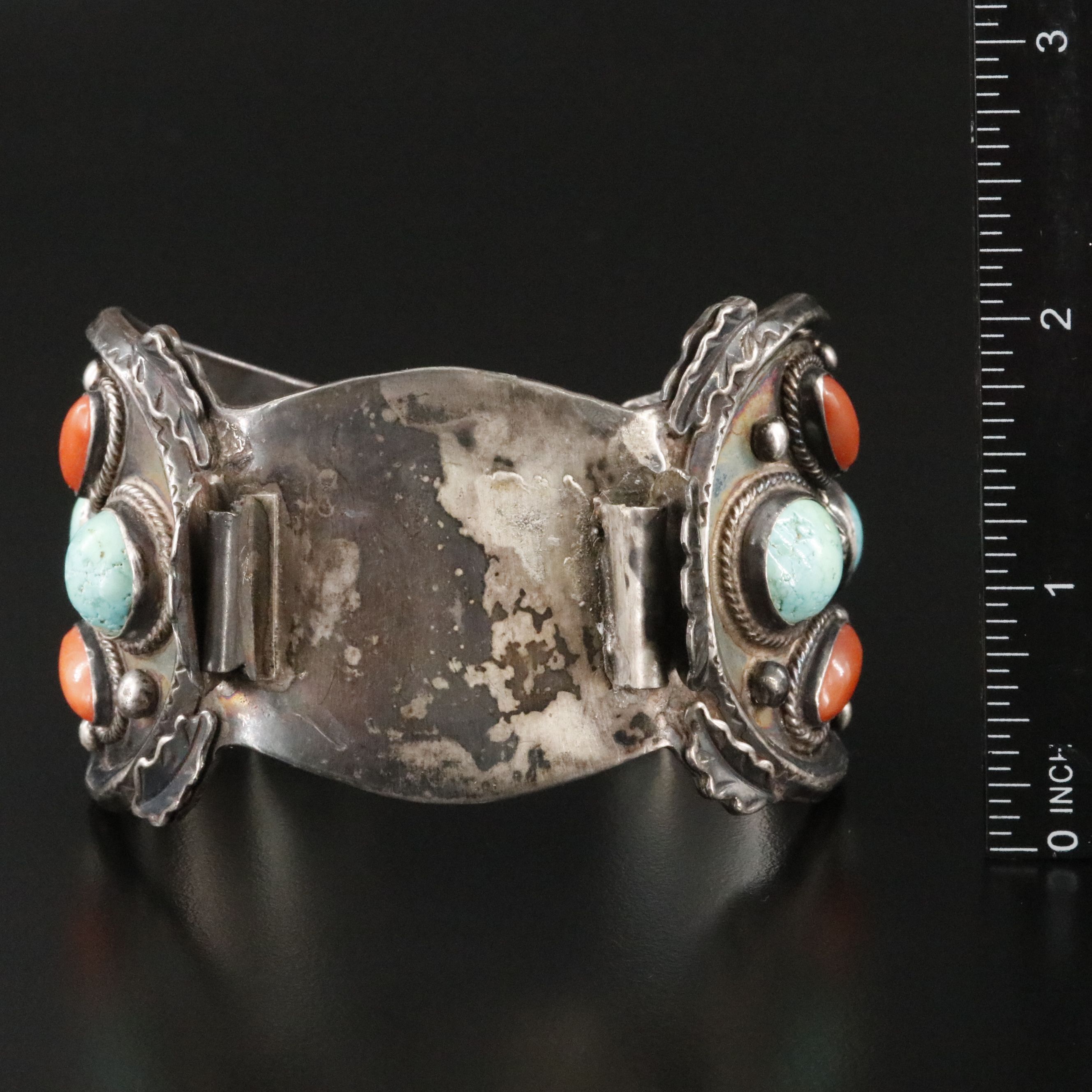 Vintage Signed Southwestern Sterling Turquoise and Coral Watch Cuff Bracelet
