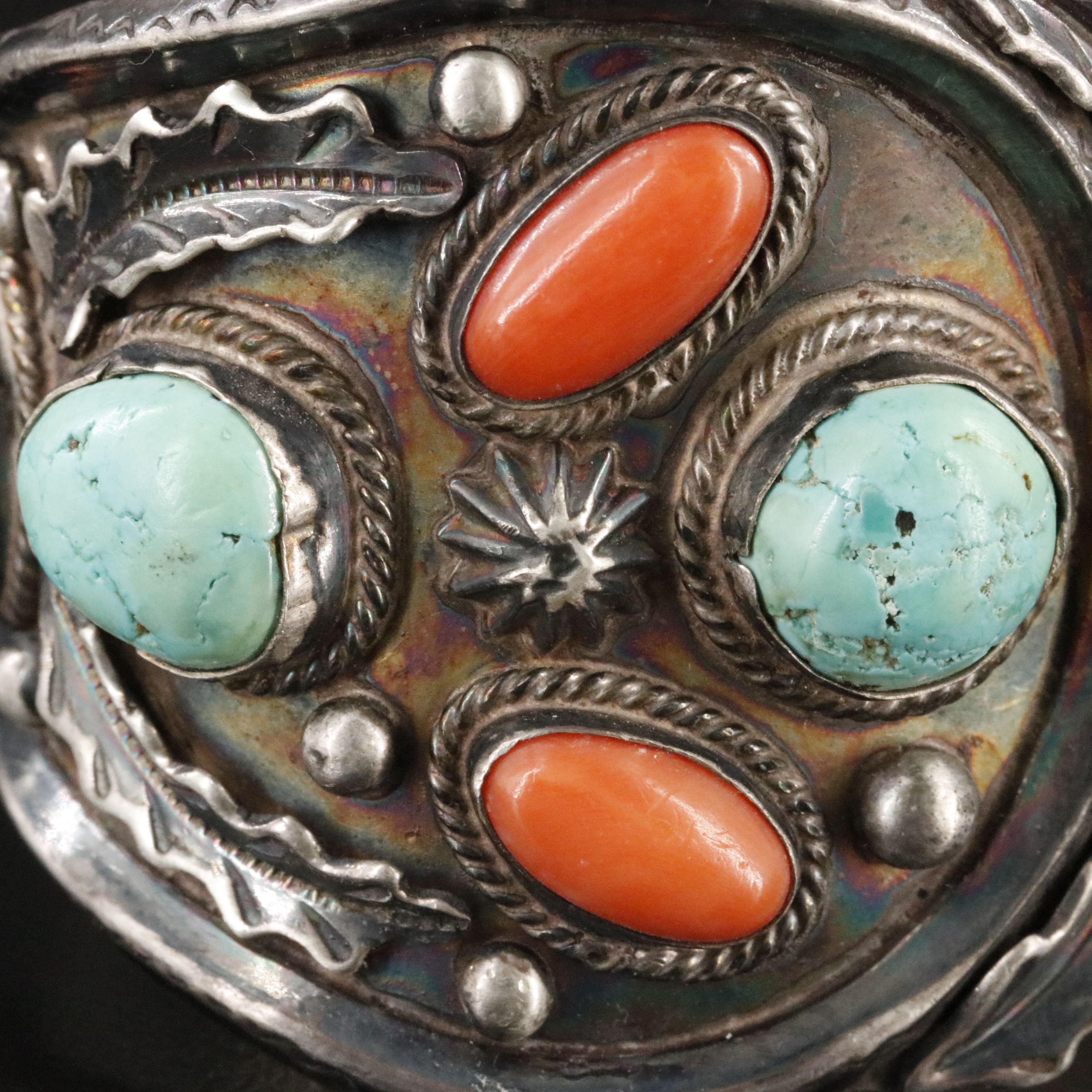 Vintage Signed Southwestern Sterling Turquoise and Coral Watch Cuff Bracelet