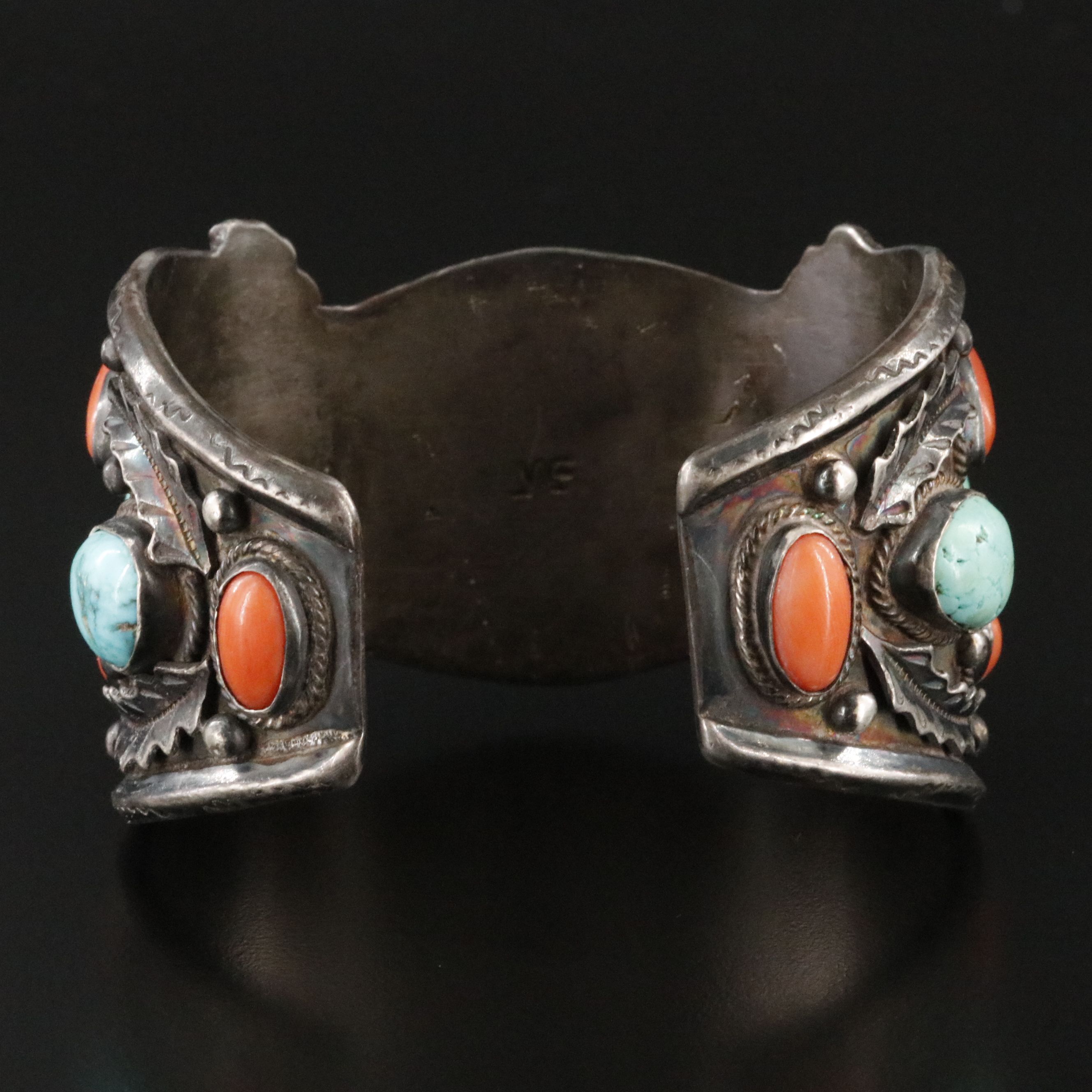 Vintage Signed Southwestern Sterling Turquoise and Coral Watch Cuff Bracelet