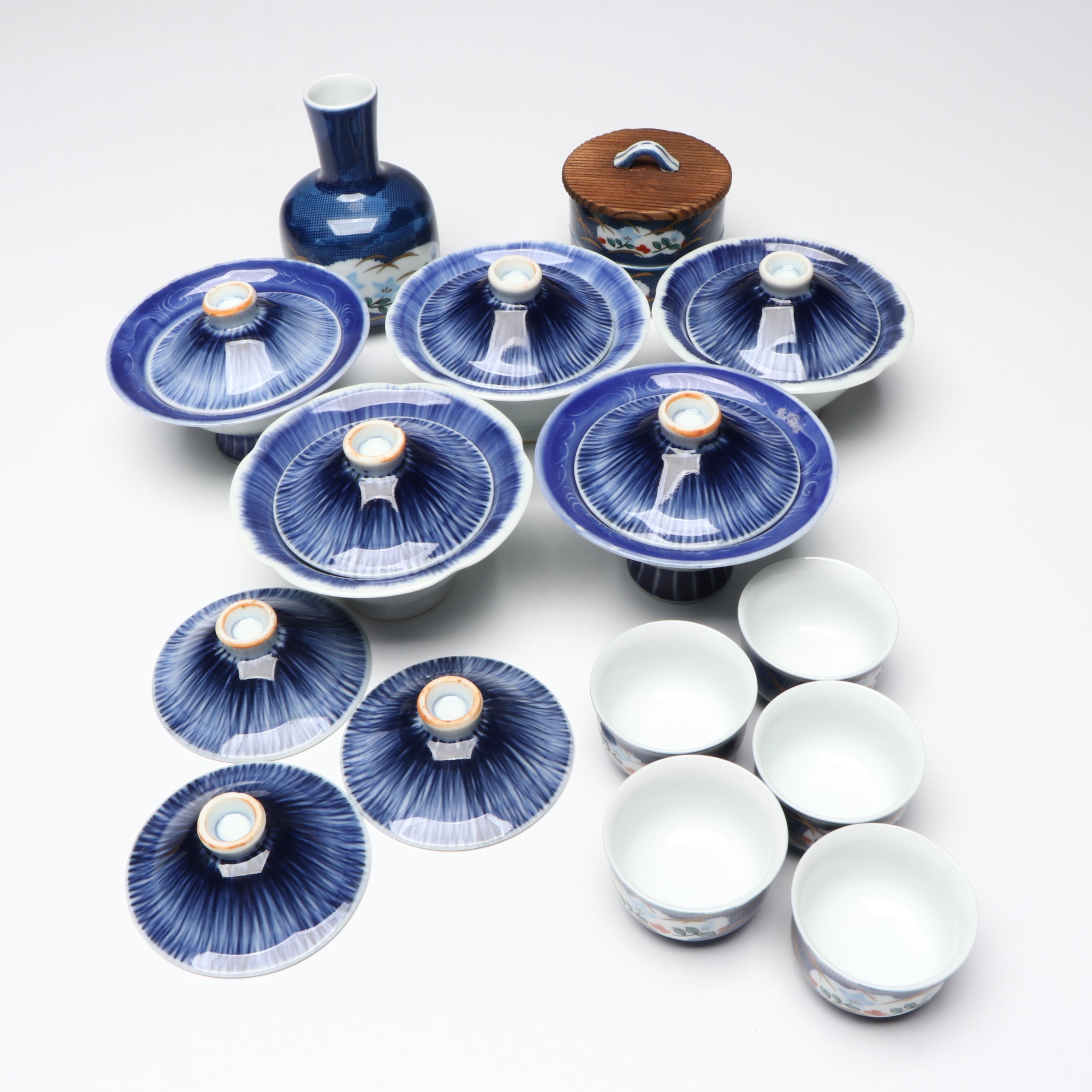 Japanese Blue and White Porcelain Sake Set, Lidded Chawan Bowls and More