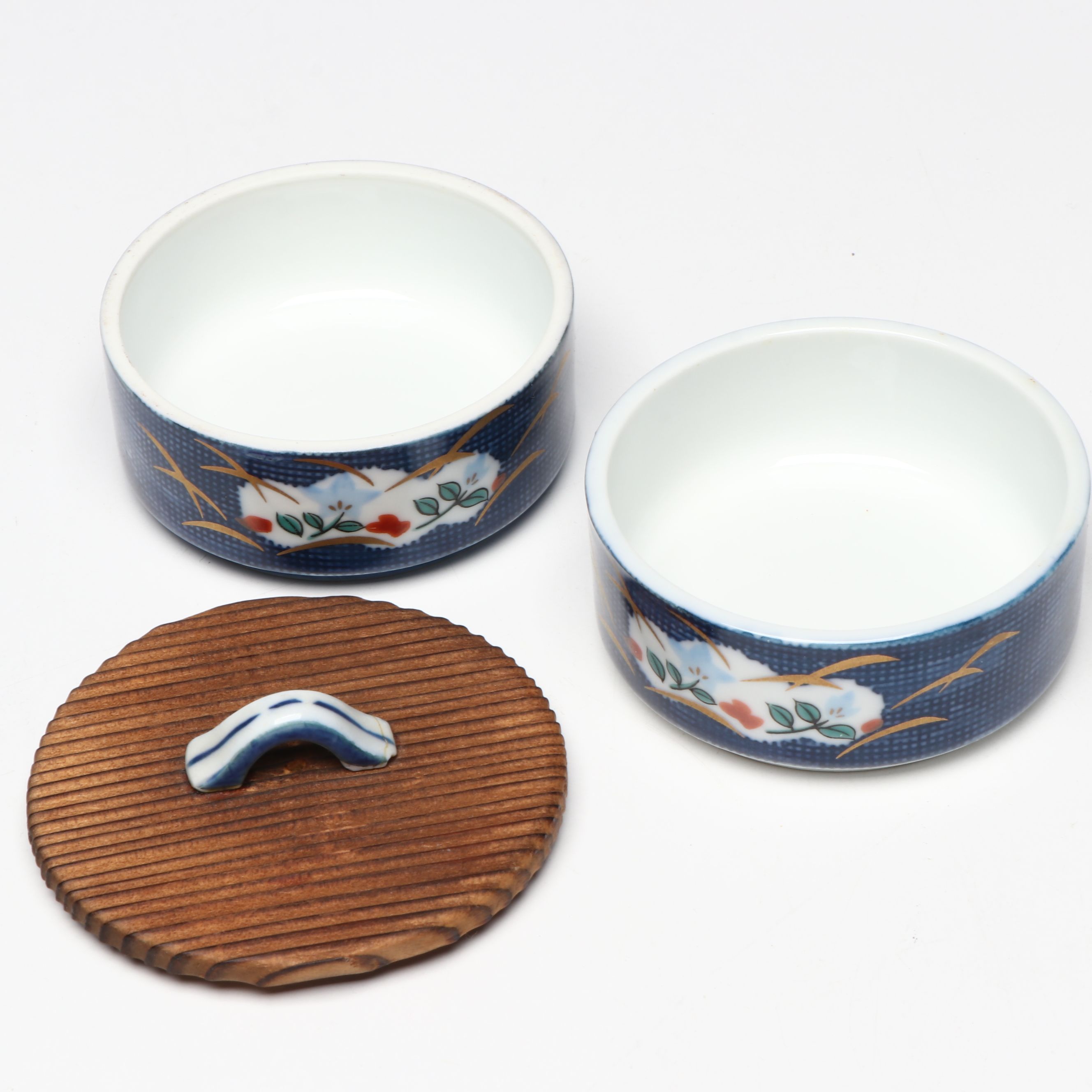 Japanese Blue and White Porcelain Sake Set, Lidded Chawan Bowls and More