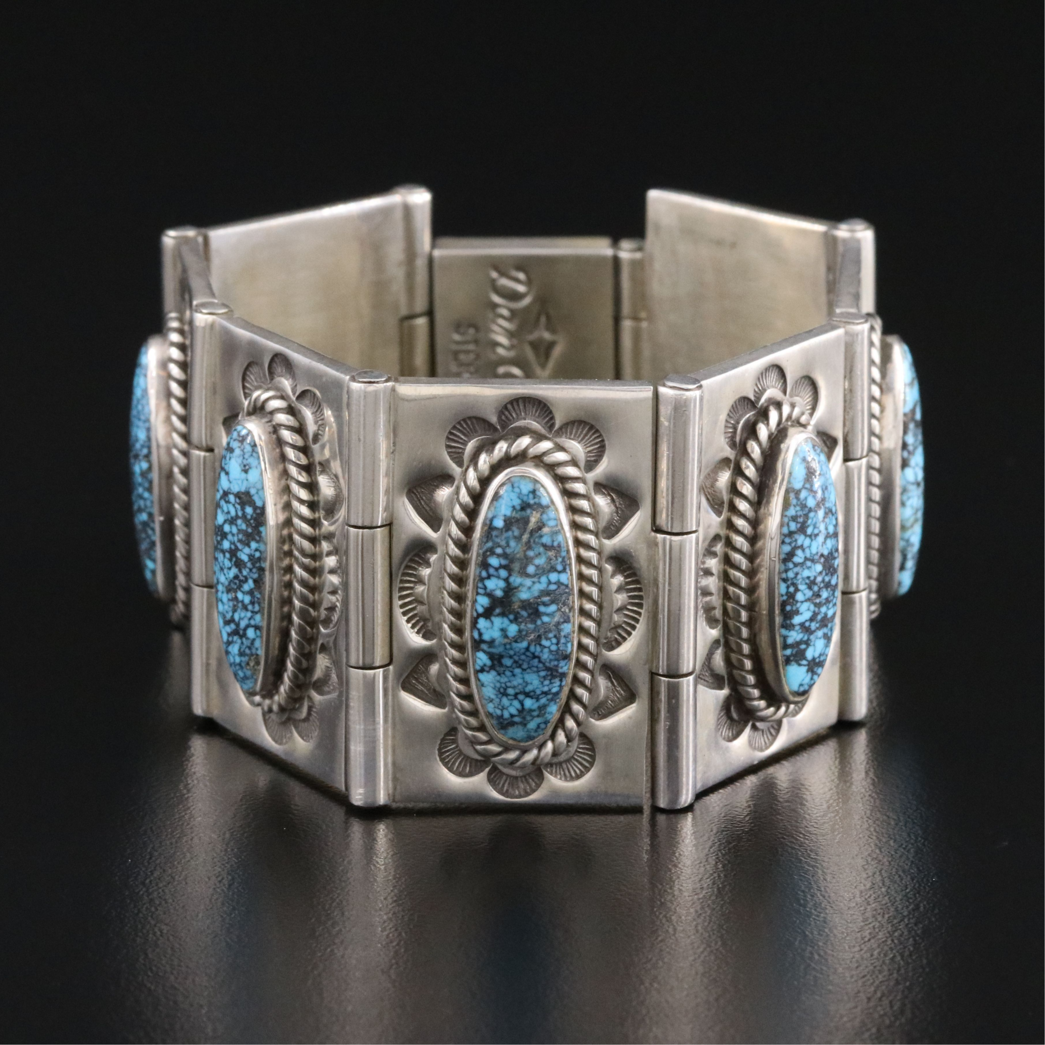 Dan Oliver Navajo Diné for Shades of the West Sterling Turquoise Panel Bracelet