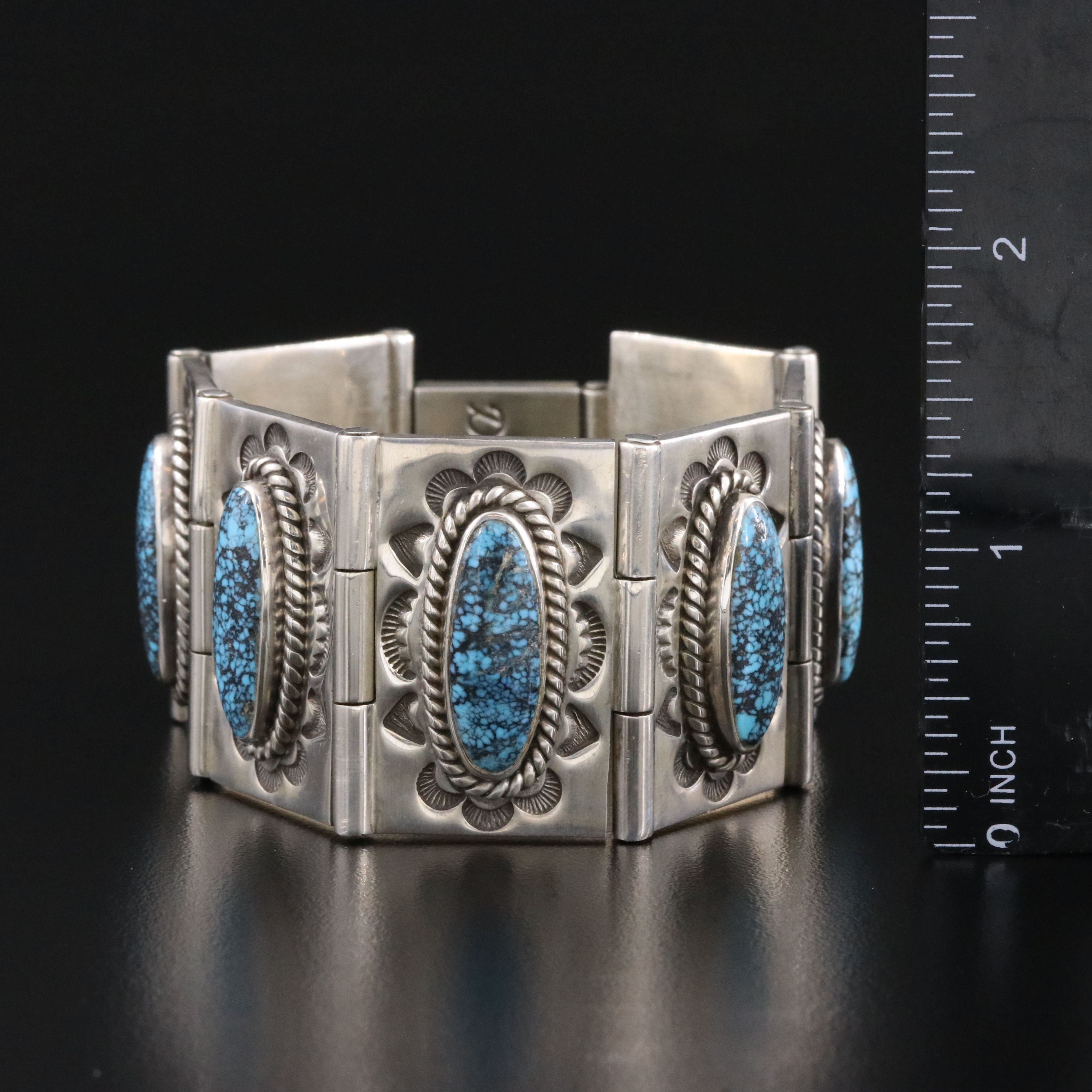 Dan Oliver Navajo Diné for Shades of the West Sterling Turquoise Panel Bracelet