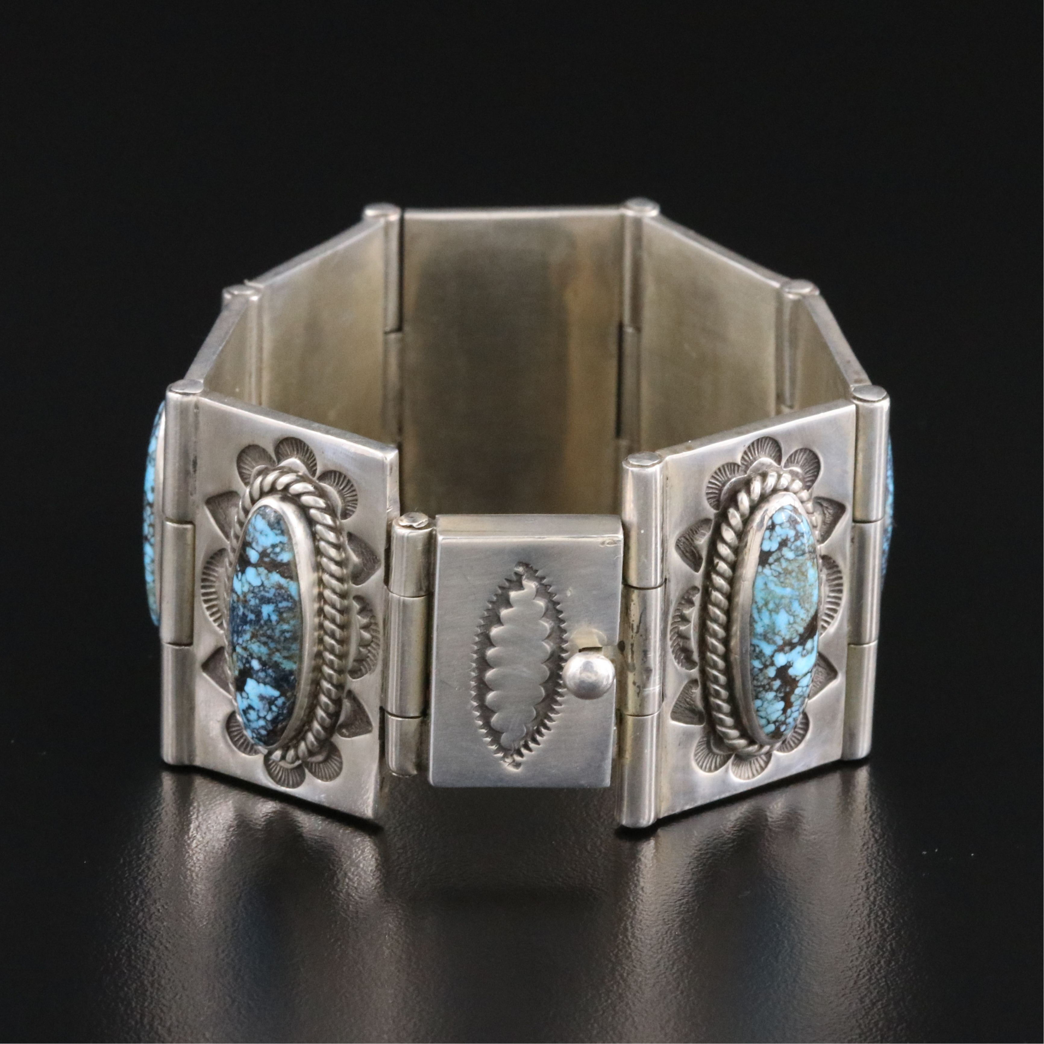 Dan Oliver Navajo Diné for Shades of the West Sterling Turquoise Panel Bracelet