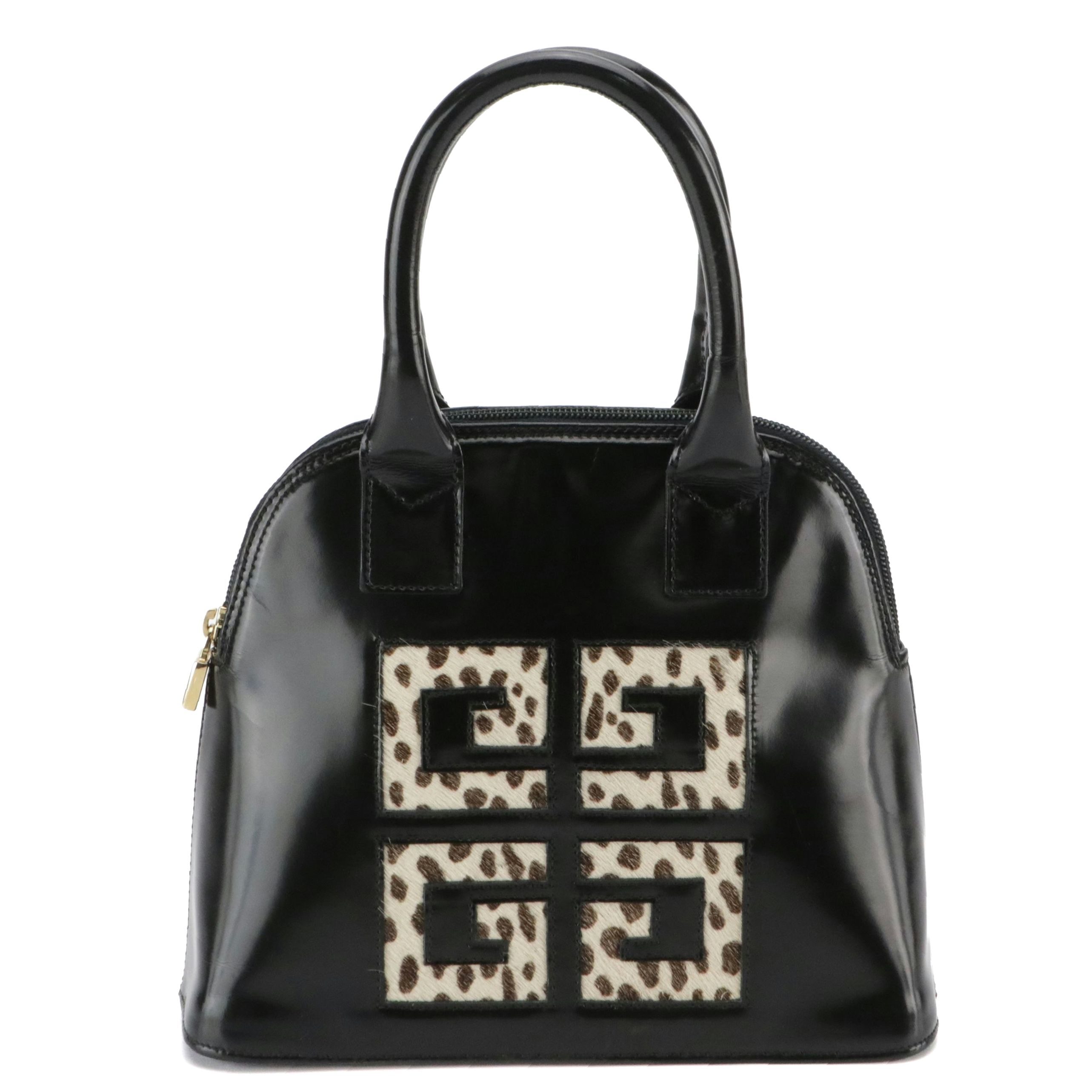 Givenchy Black Glazed Leather and Logo Cut-Out Dyed Calf Hair Top Handle Bag
