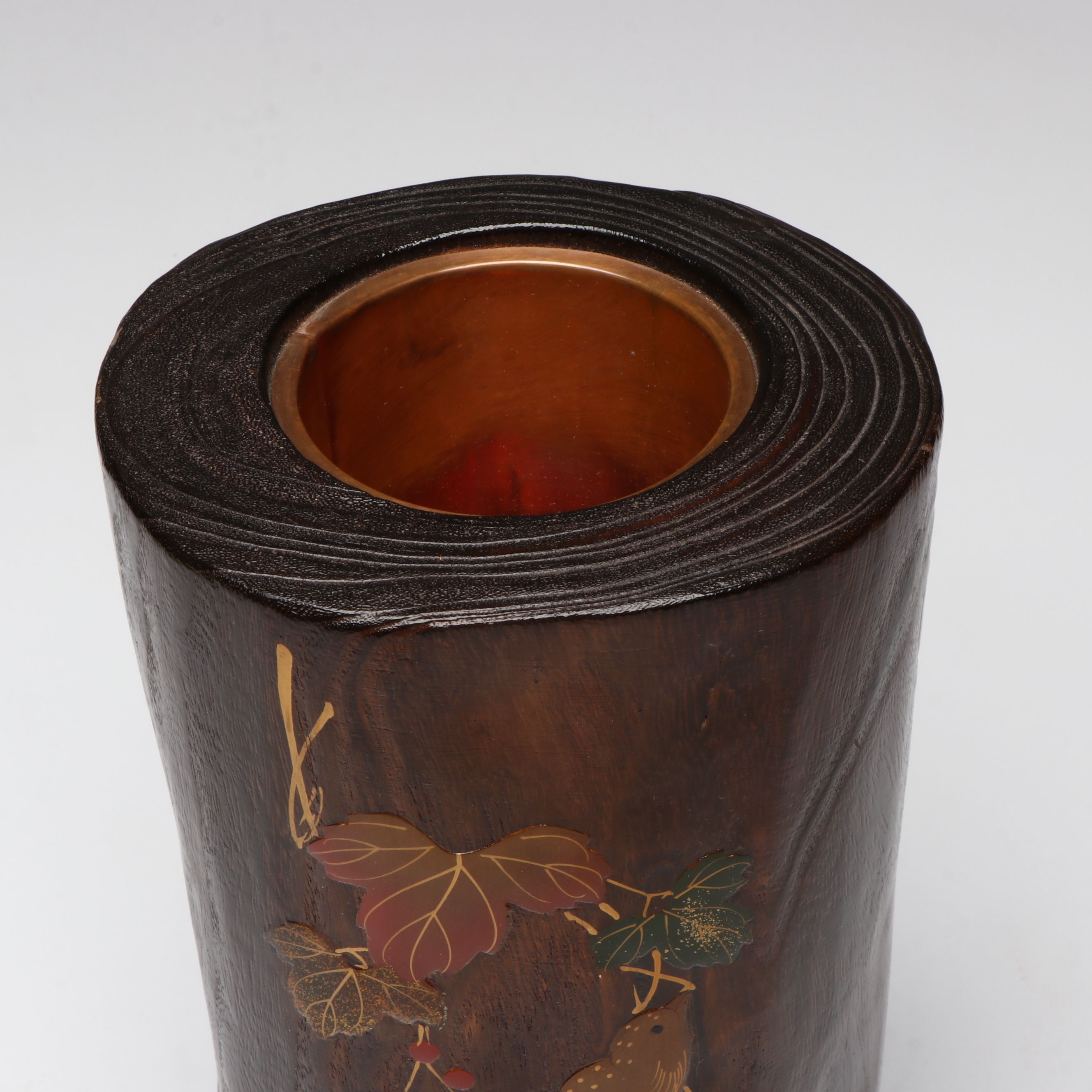 Japanese Paulownia Wood Vase with Copper Lining and Inlay