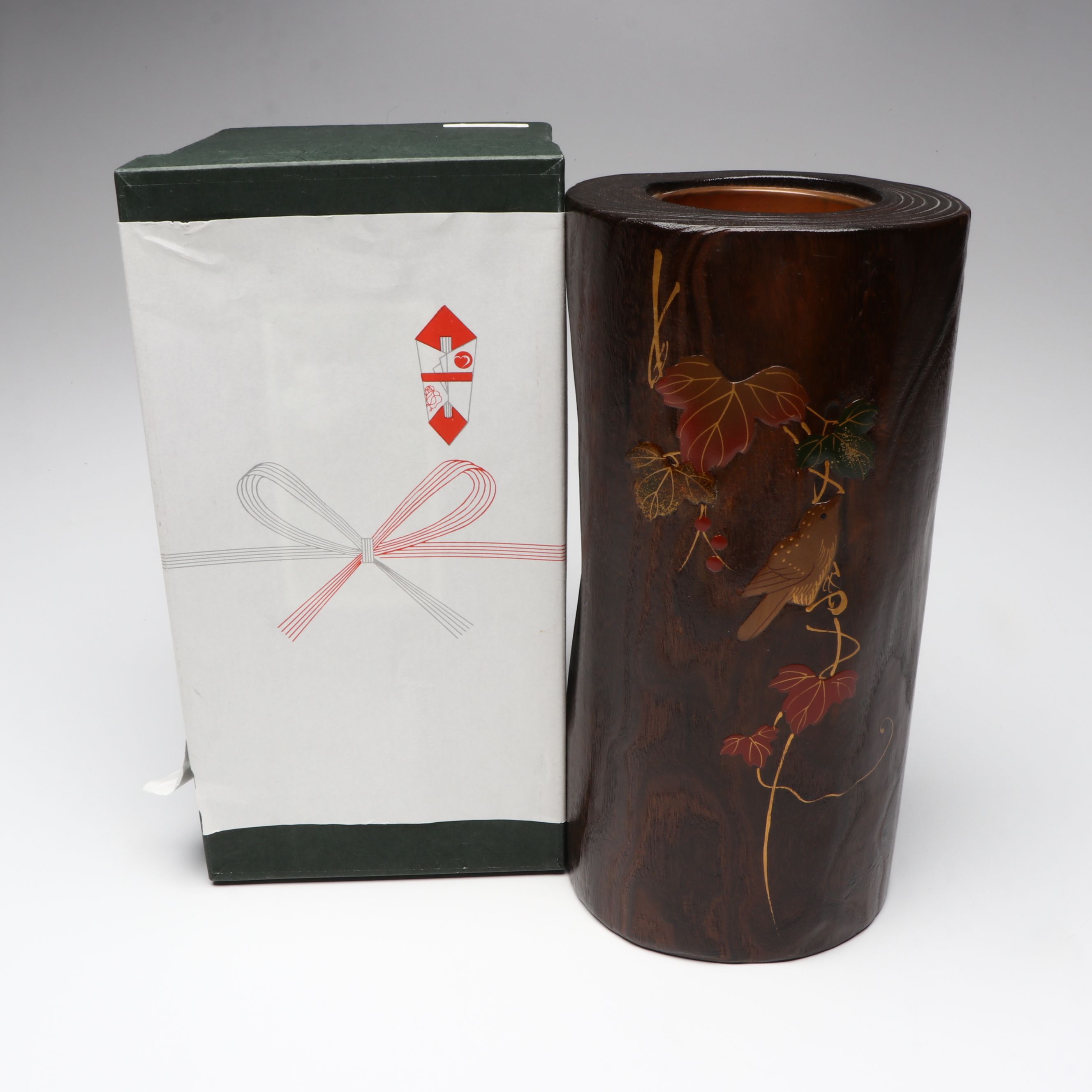 Japanese Paulownia Wood Vase with Copper Lining and Inlay