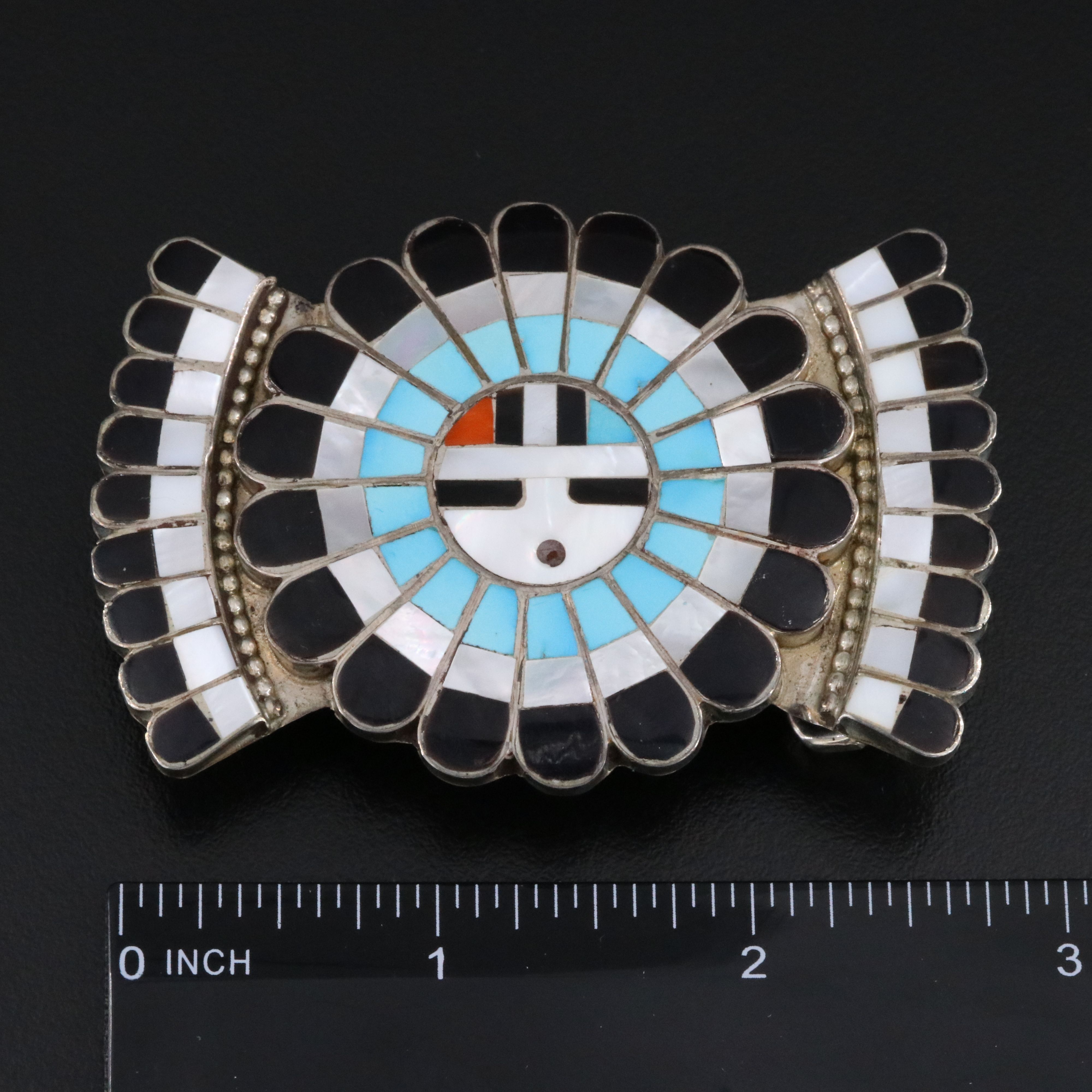 Jose & Dora Massie Zuni Sterling Stone Inlay Sunface Belt Buckle