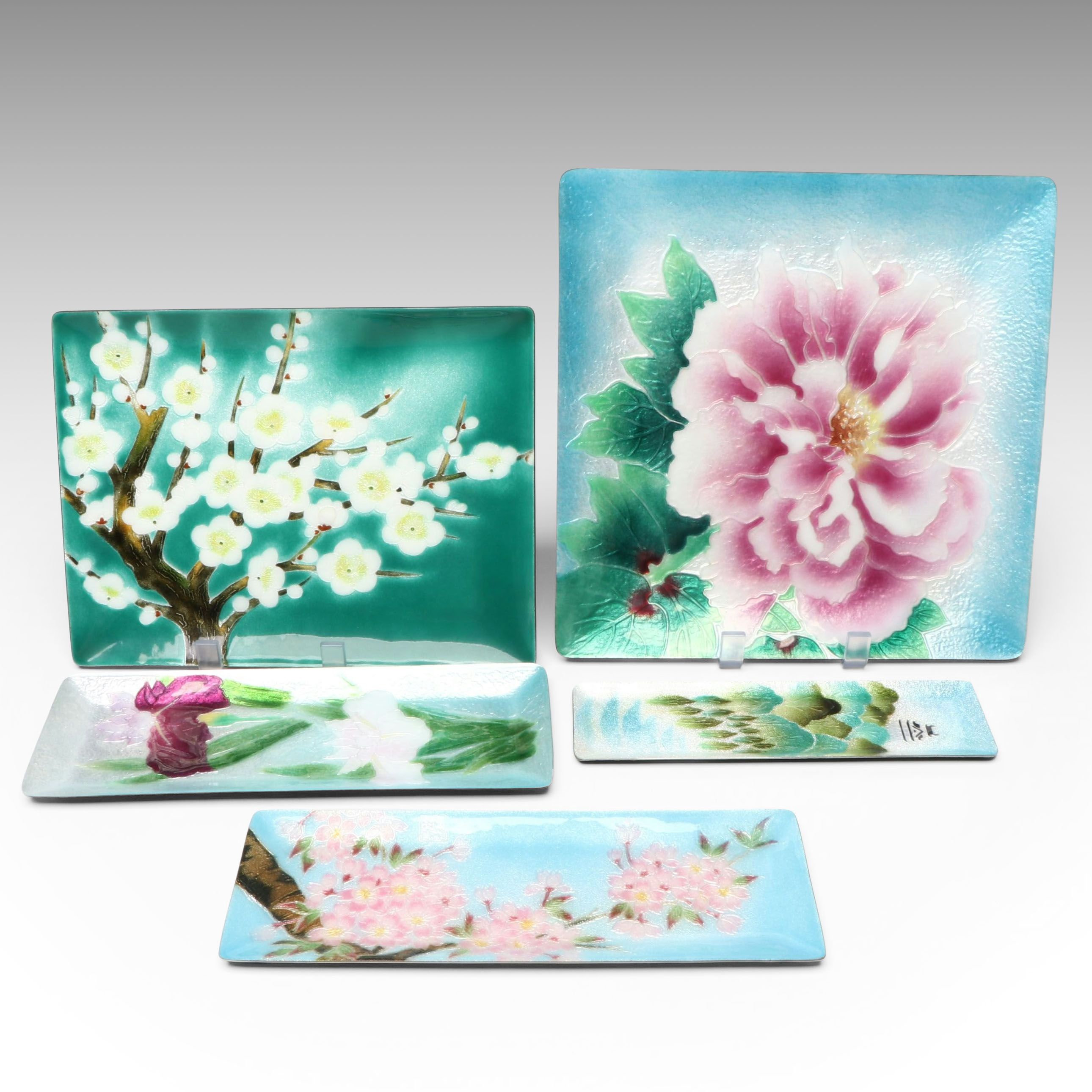 Japanese Ando Cloisonné Floral and Landscape Motif Enamel Trays