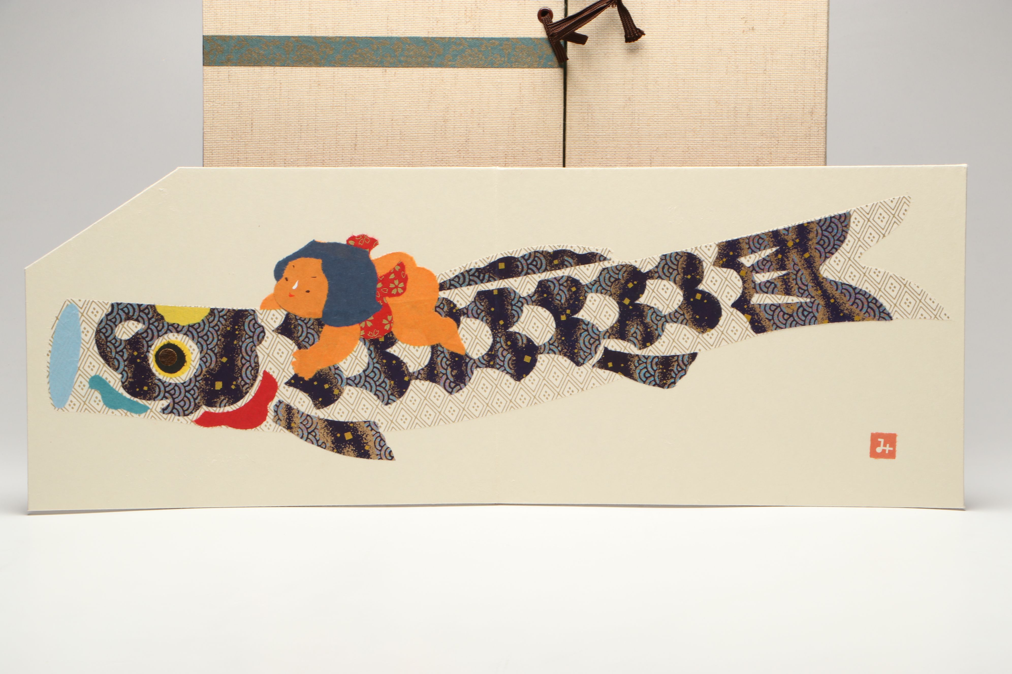 Japanese Koinobori Harie Paper Cutout Folding Board and Cat Wall Hanging