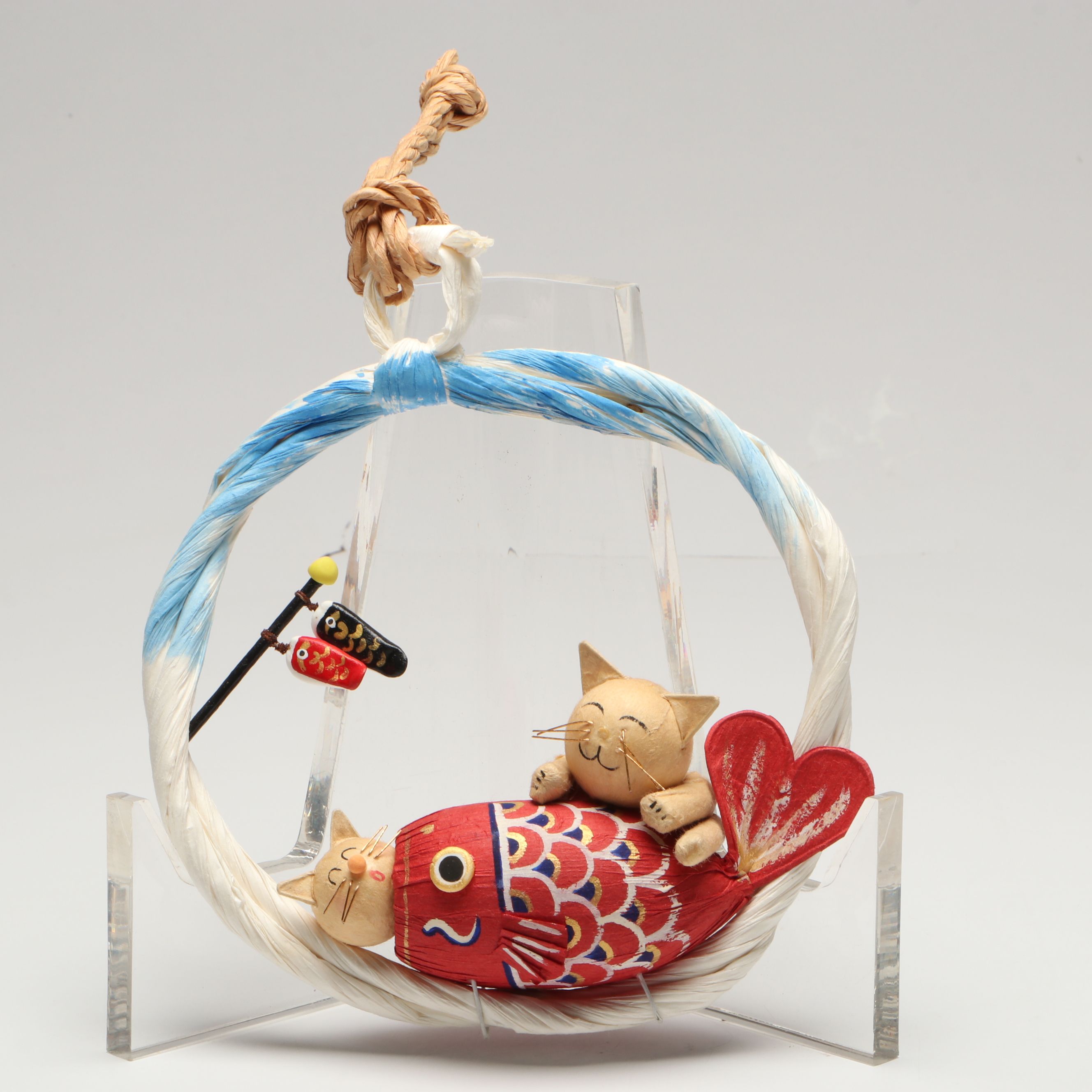 Japanese Koinobori Harie Paper Cutout Folding Board and Cat Wall Hanging