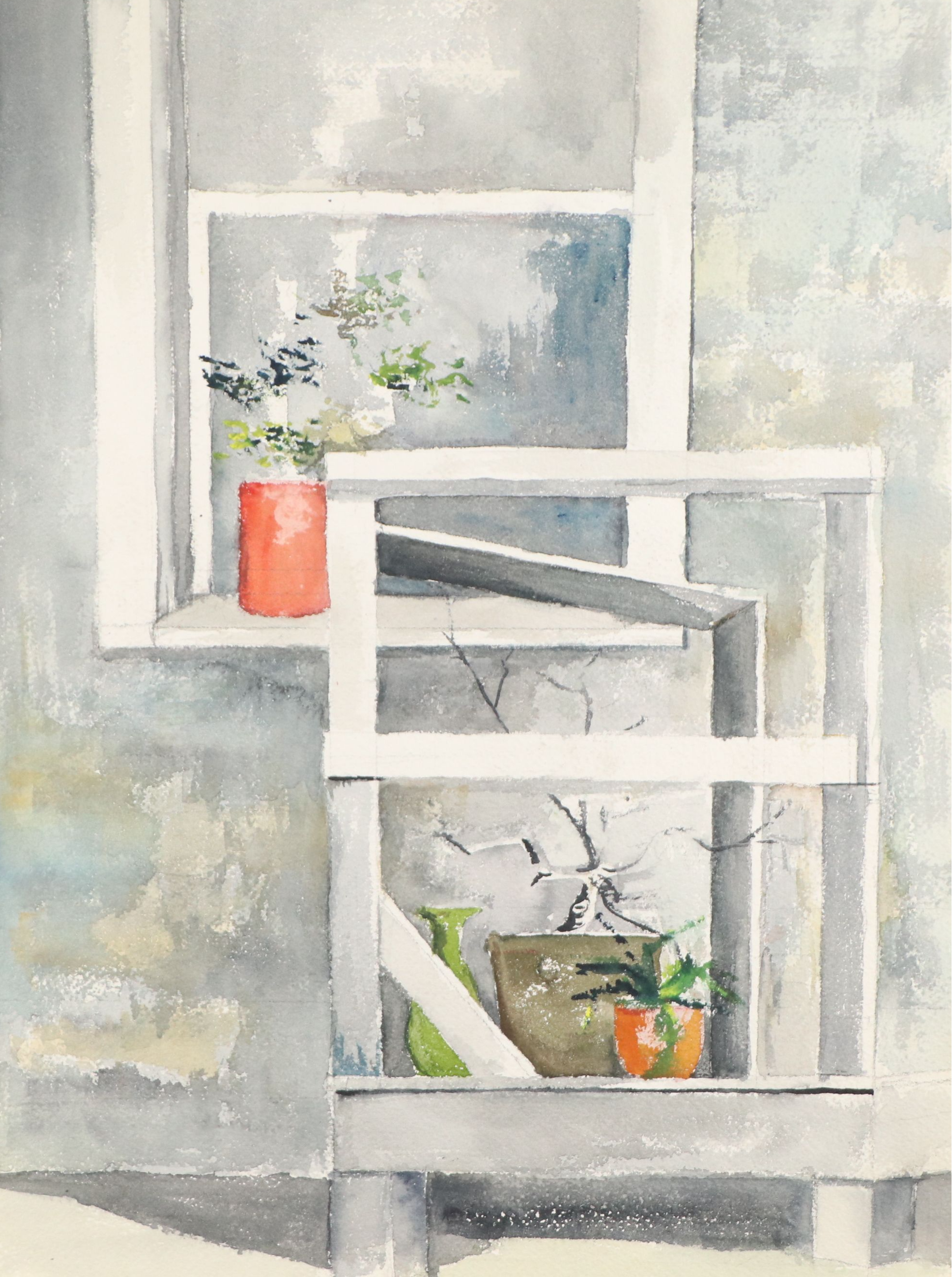 Landscape Watercolor Painting of House Exterior With Houseplants in Window